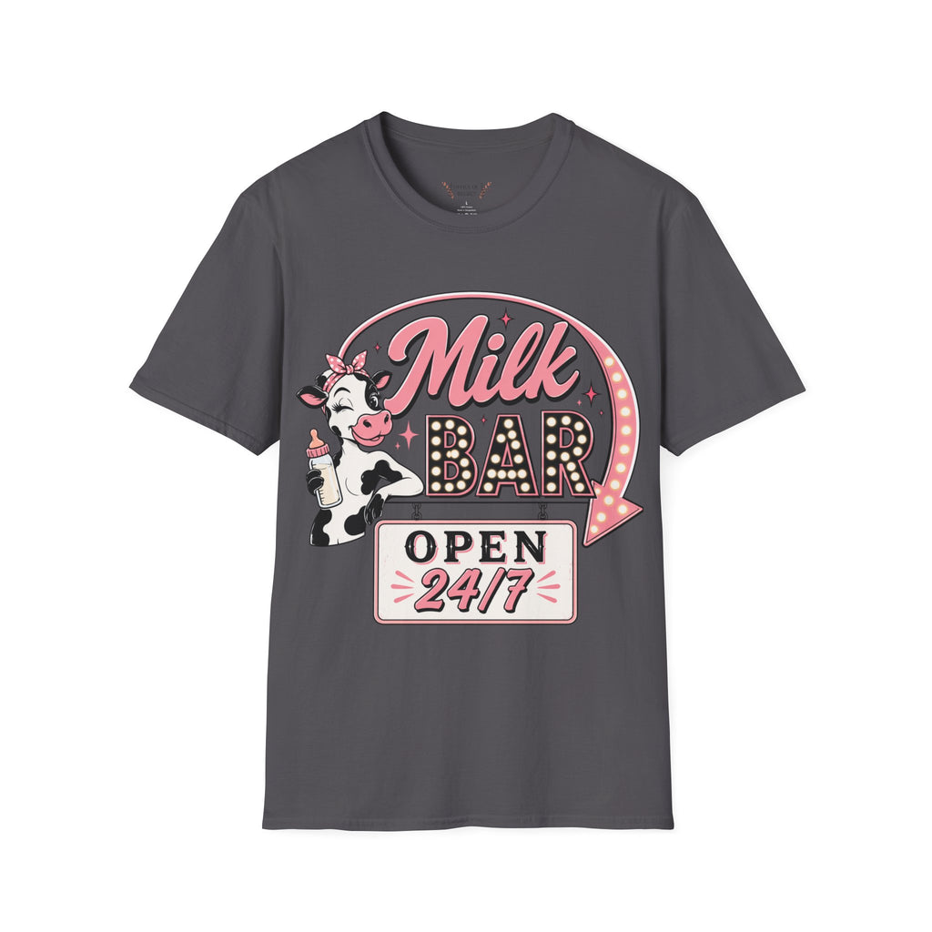 Milk Bar T‑Shirt – Cute Retro Cow "Open 24/7" Graphic Tee