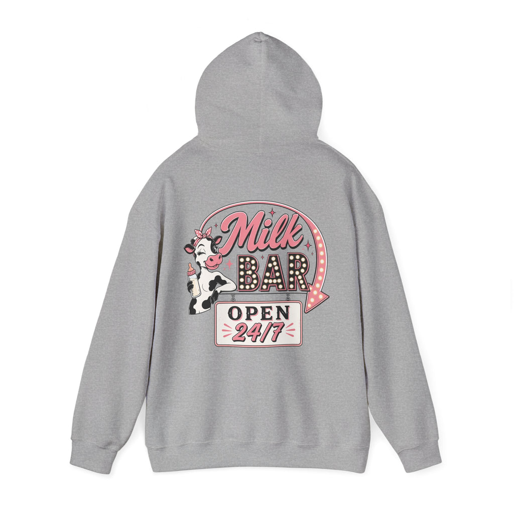 Milk Bar Hoodie – Retro Cow "Open 24/7" Graphic Hoodie