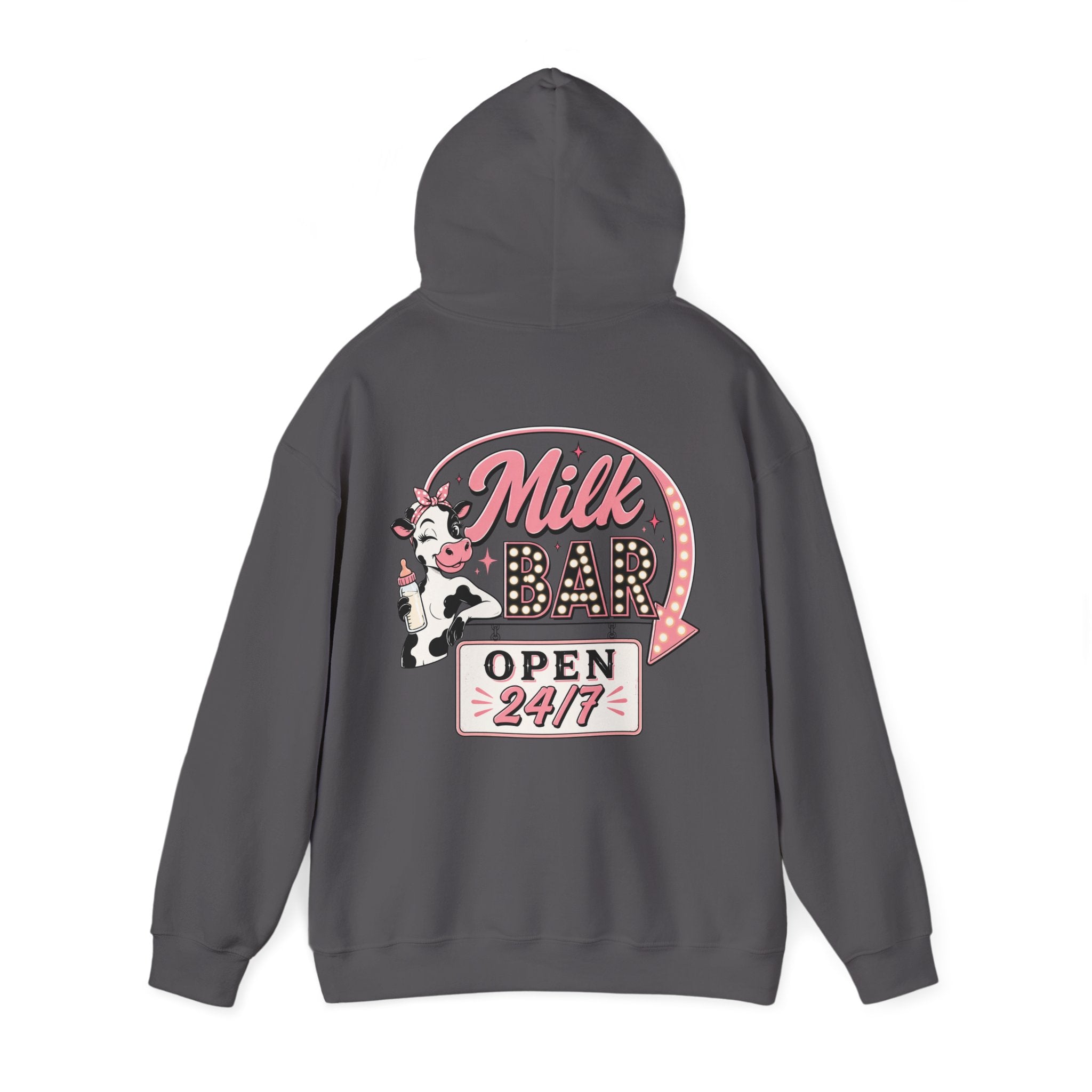 Milk Bar Hoodie – Retro Cow "Open 24/7" Graphic Hoodie