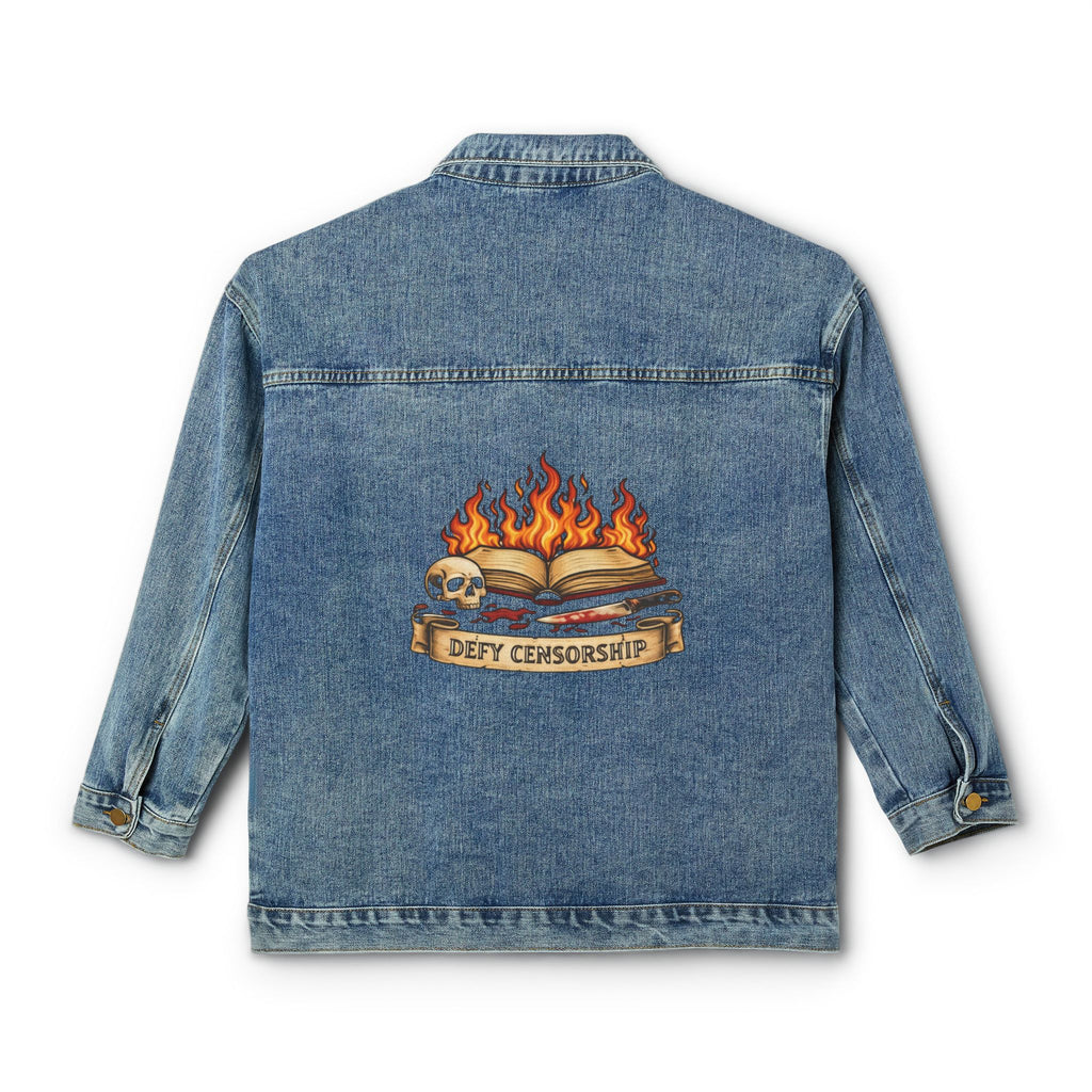 Women's Denim Jacket — Vintage Flame Book Graphic Back Patch