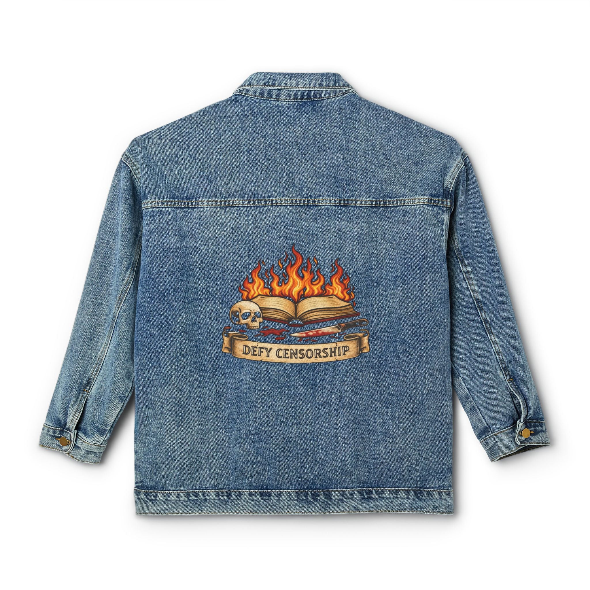 Women's Denim Jacket — Vintage Flame Book Graphic Back Patch
