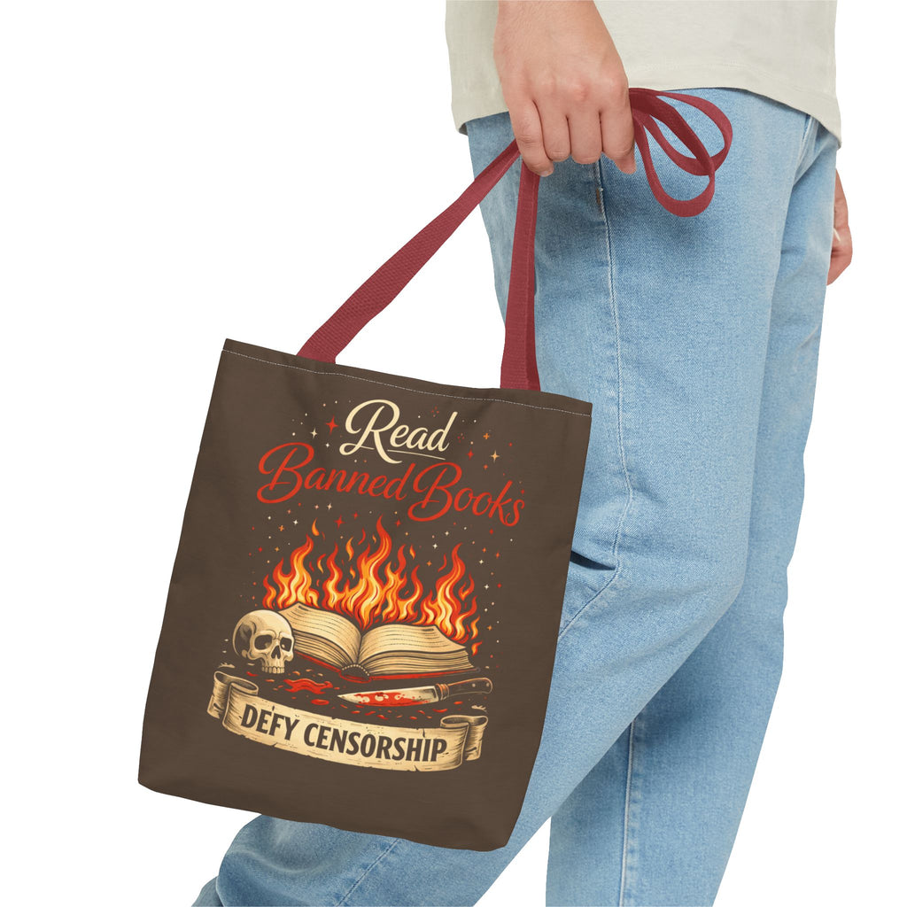 Tote — "Read Banned Books: Defy Censorship" Flame & Skull Graphic