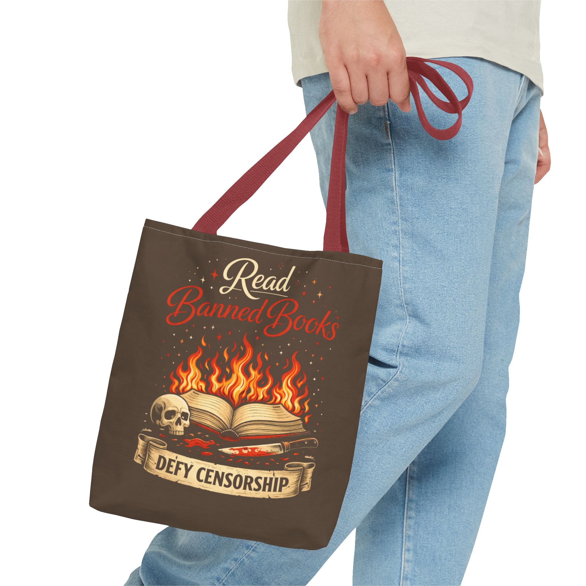 Tote — "Read Banned Books: Defy Censorship" Flame & Skull Graphic