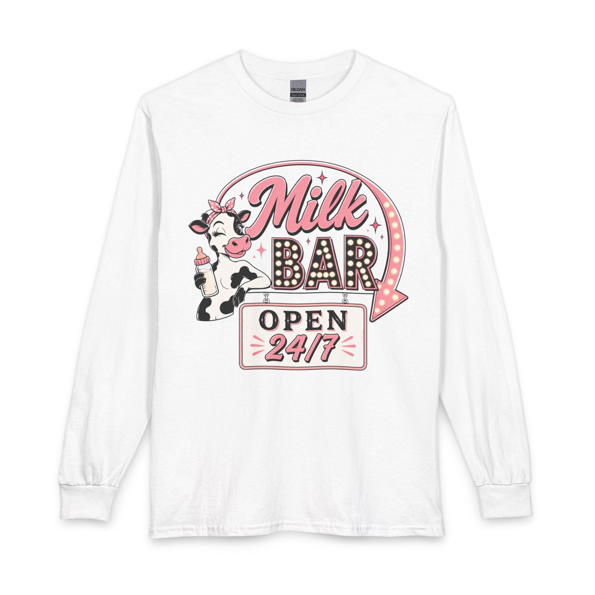 Milk Bar Long Sleeve Tee — Retro 'Milk Bar Open 24/7' Graphic Shirt
