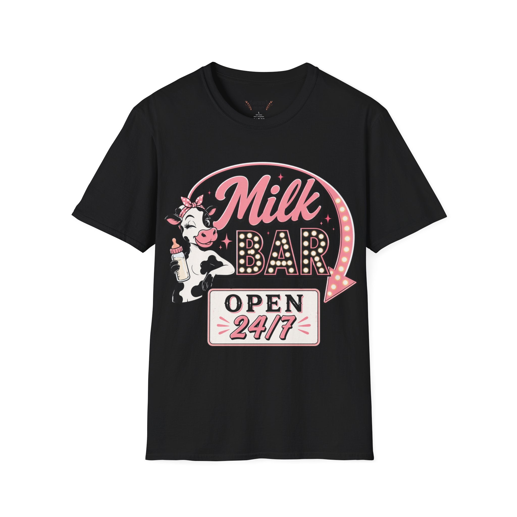 Milk Bar T‑Shirt – Cute Retro Cow "Open 24/7" Graphic Tee