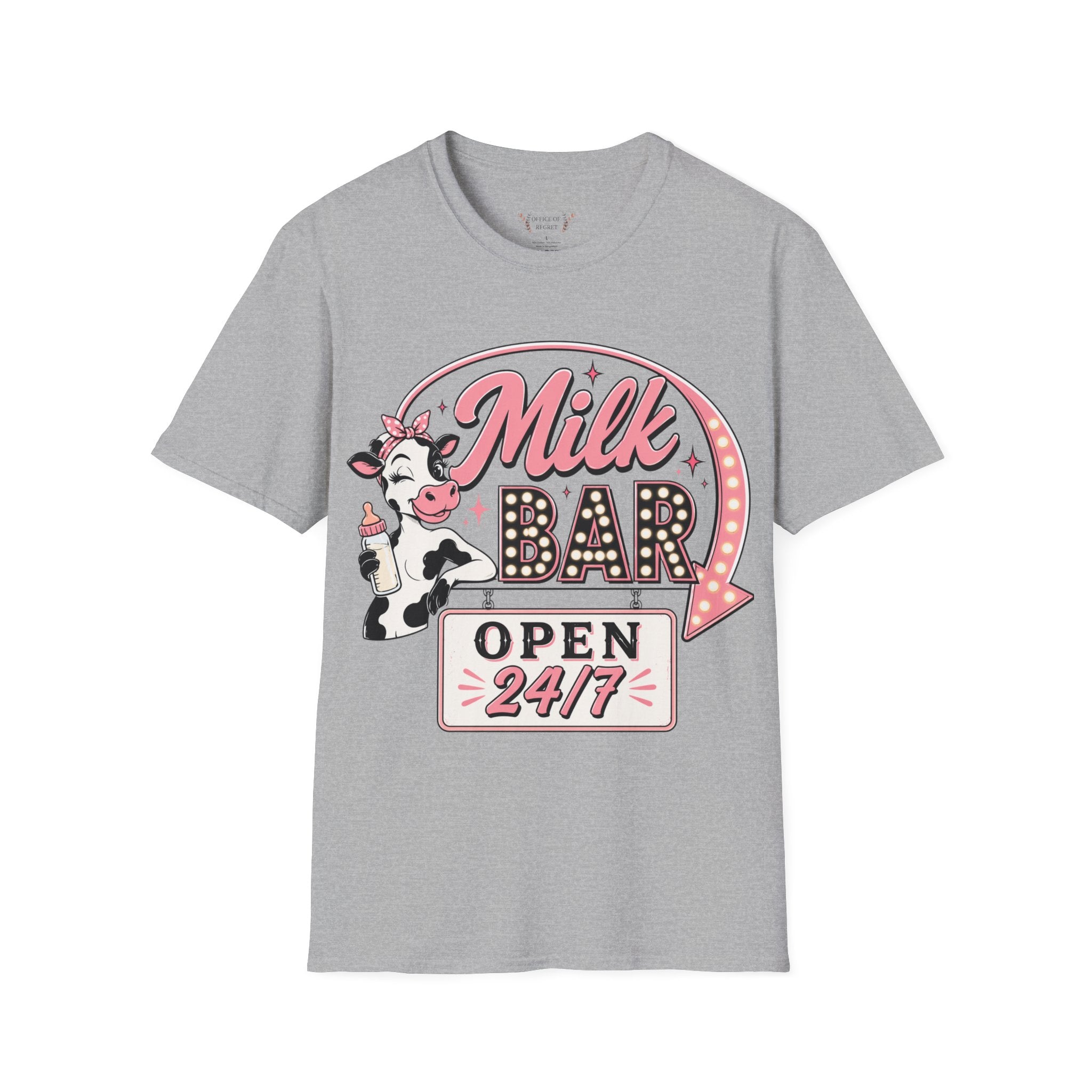 Milk Bar T‑Shirt – Cute Retro Cow "Open 24/7" Graphic Tee