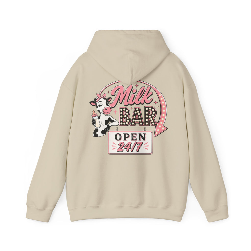 Milk Bar Hoodie – Retro Cow "Open 24/7" Graphic Hoodie