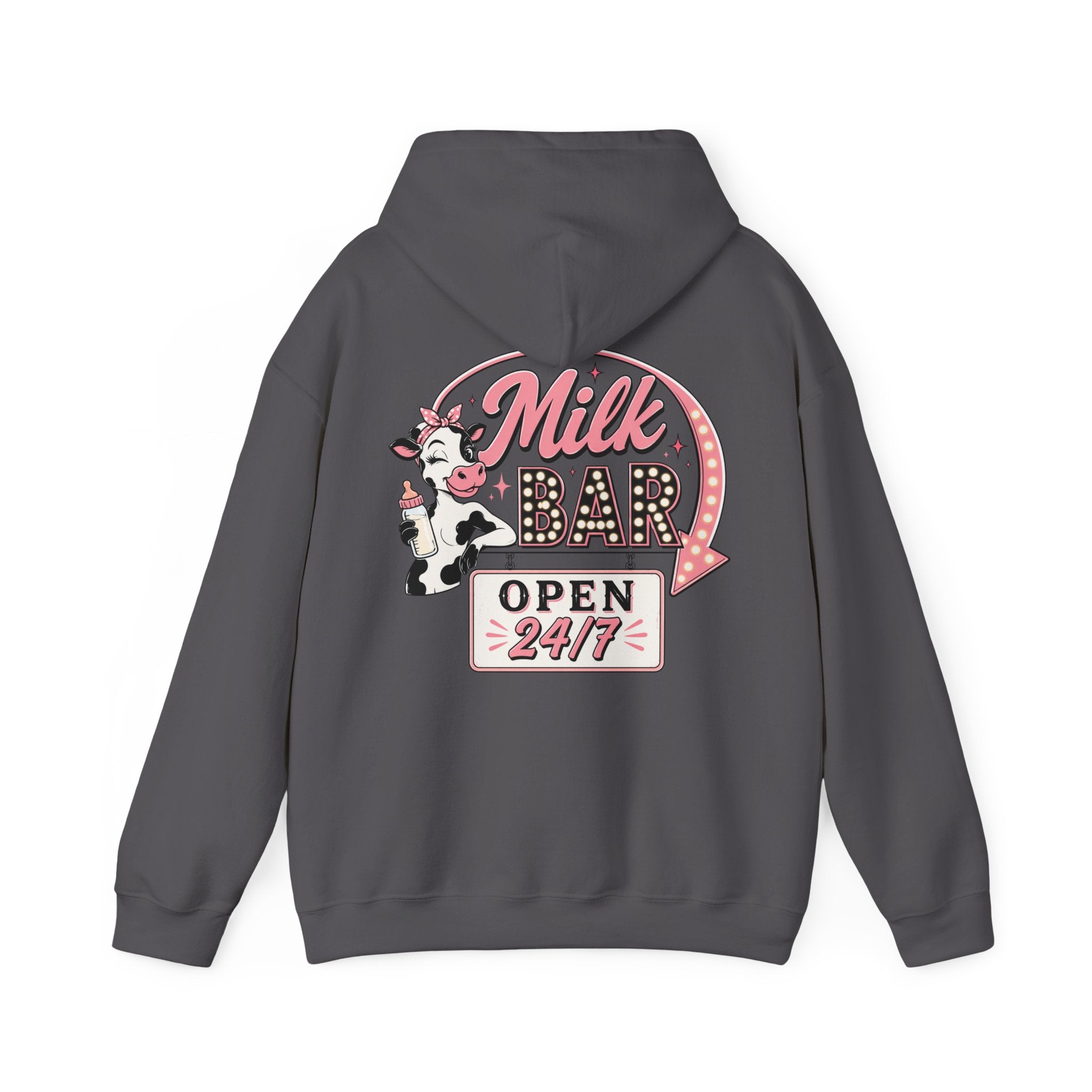 Milk Bar Hoodie – Retro Cow "Open 24/7" Graphic Hoodie