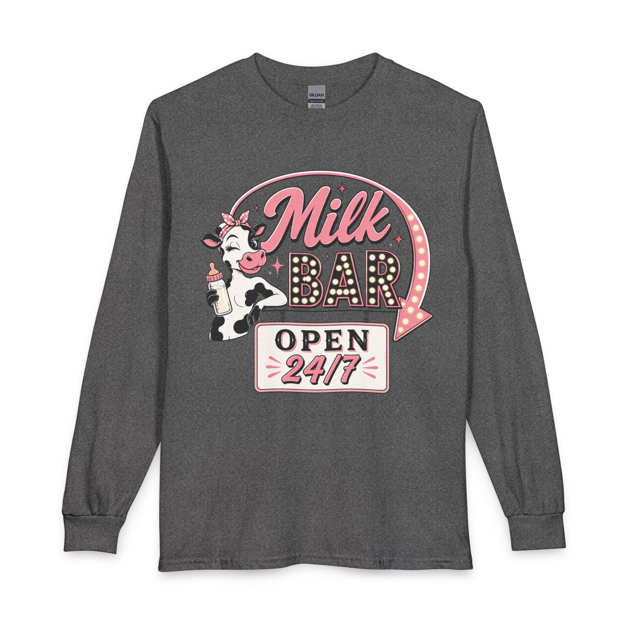 Milk Bar Long Sleeve Tee — Retro 'Milk Bar Open 24/7' Graphic Shirt