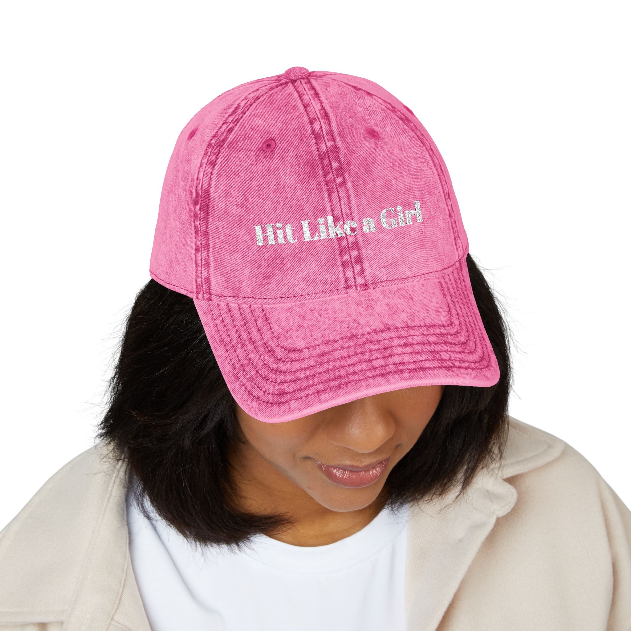 Vintage Embroidered Cap — 'Hit Like a Girl' Distressed Baseball Hat