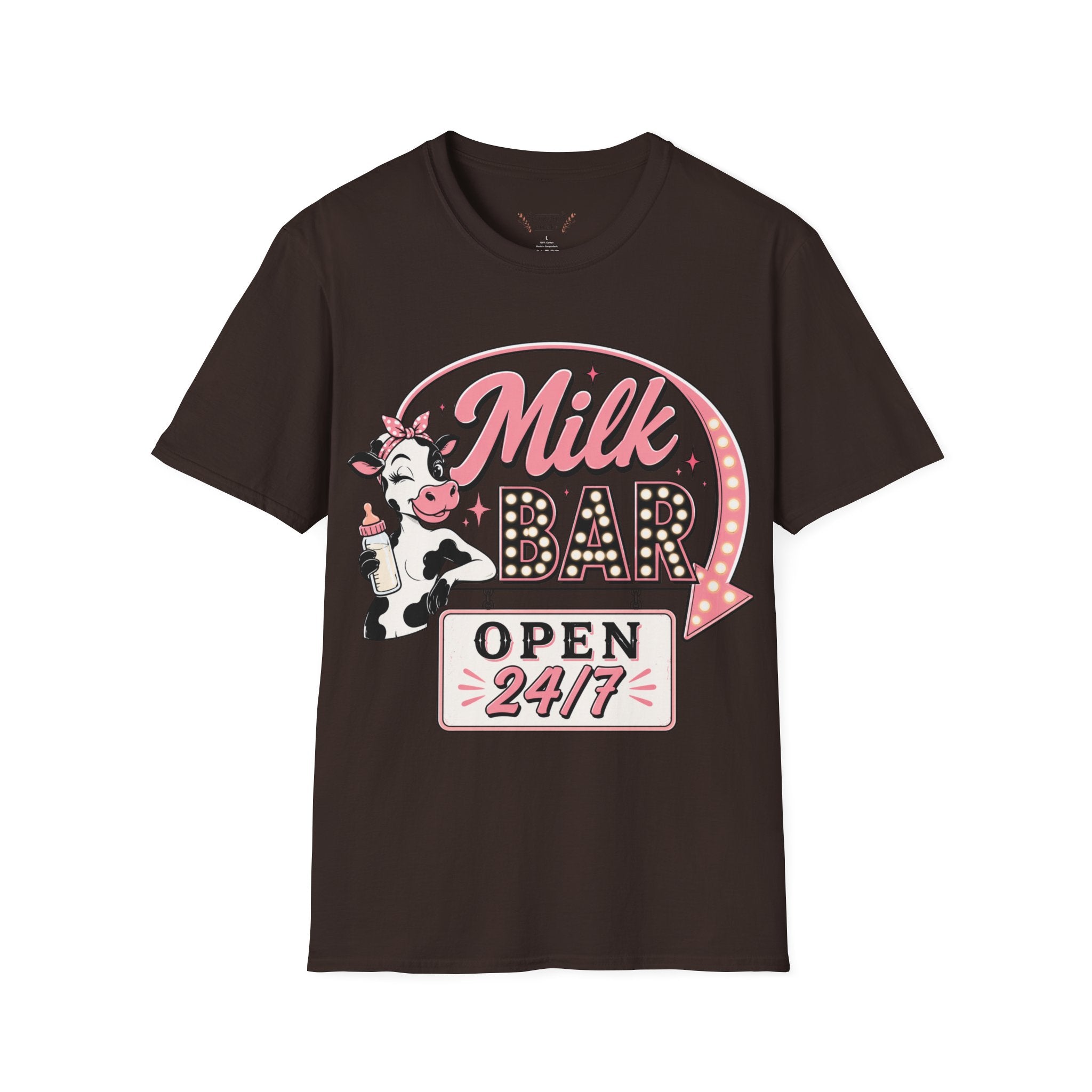 Milk Bar T‑Shirt – Cute Retro Cow "Open 24/7" Graphic Tee