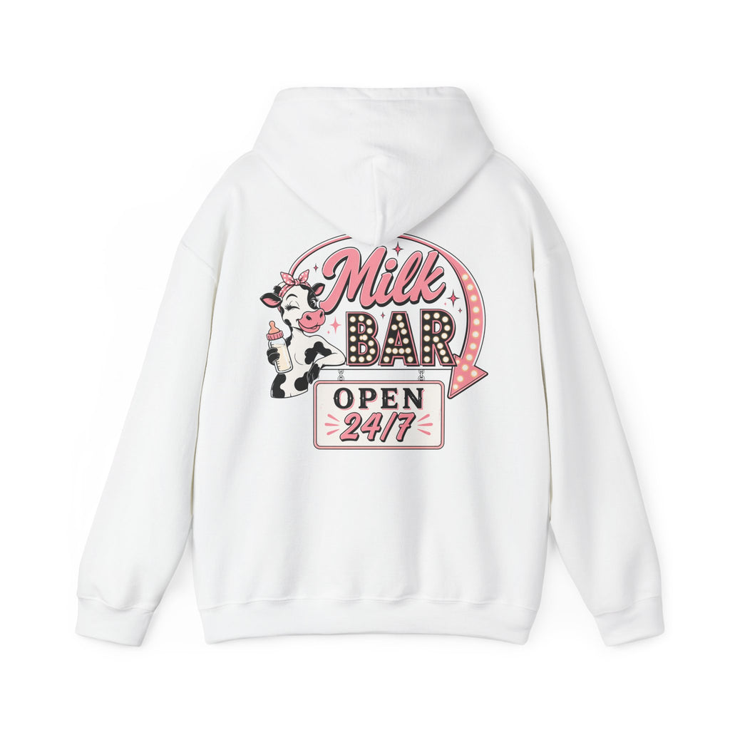 Milk Bar Hoodie – Retro Cow "Open 24/7" Graphic Hoodie