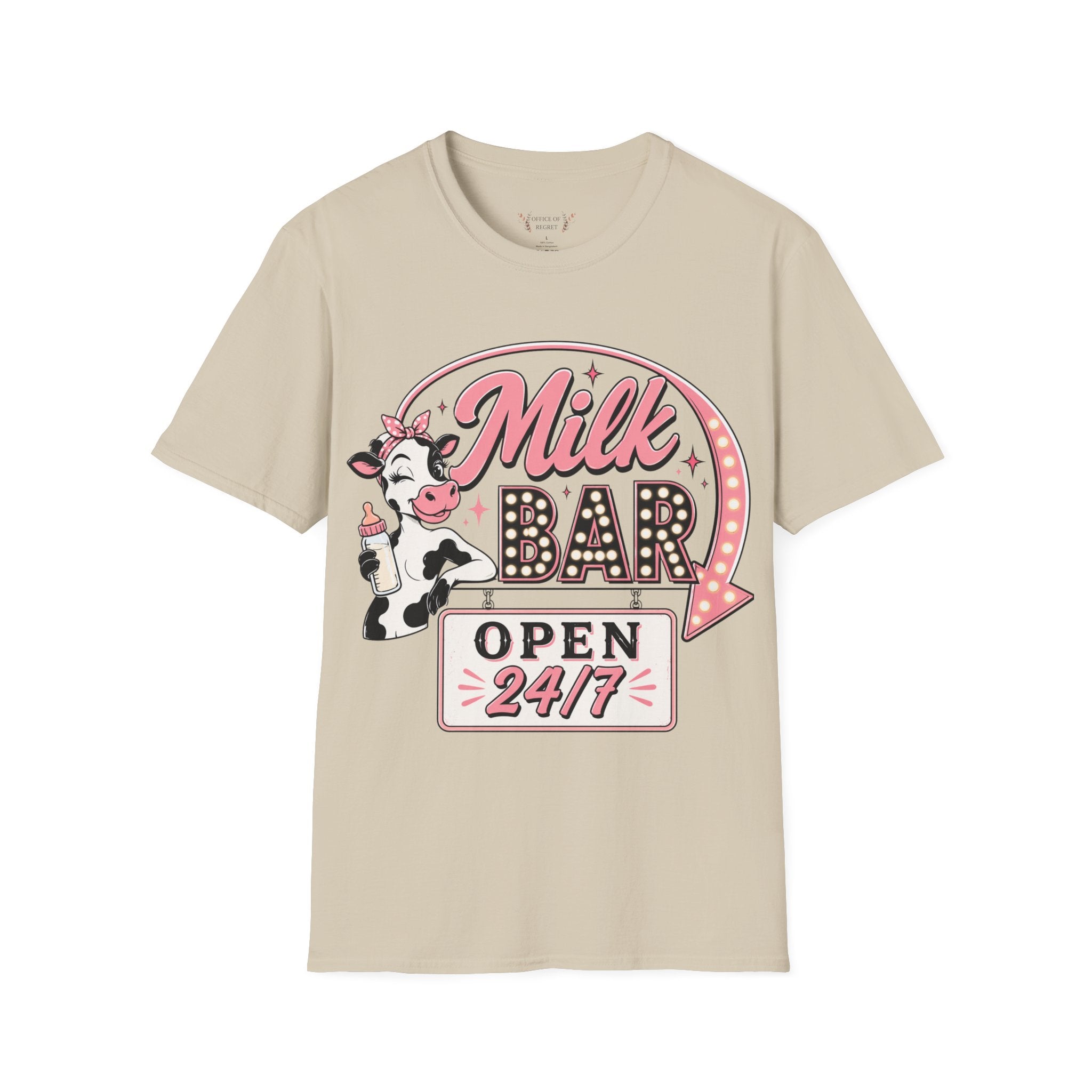 Milk Bar T‑Shirt – Cute Retro Cow "Open 24/7" Graphic Tee