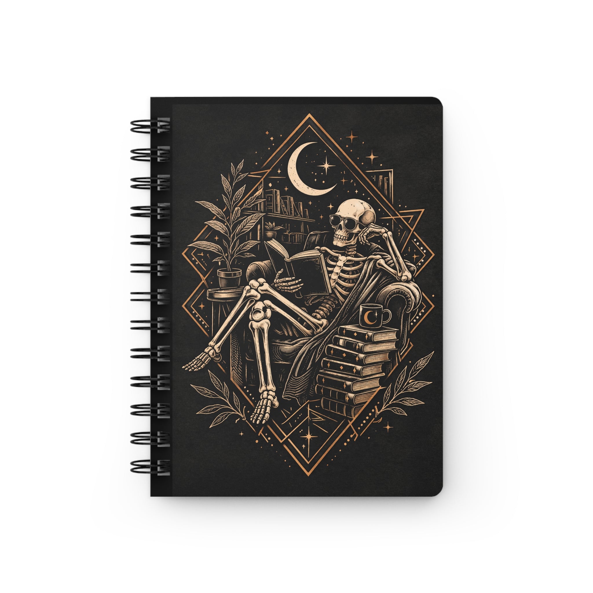 Skeleton Reading with Moon Spiral Bound Journal | Literary Quote Cicero