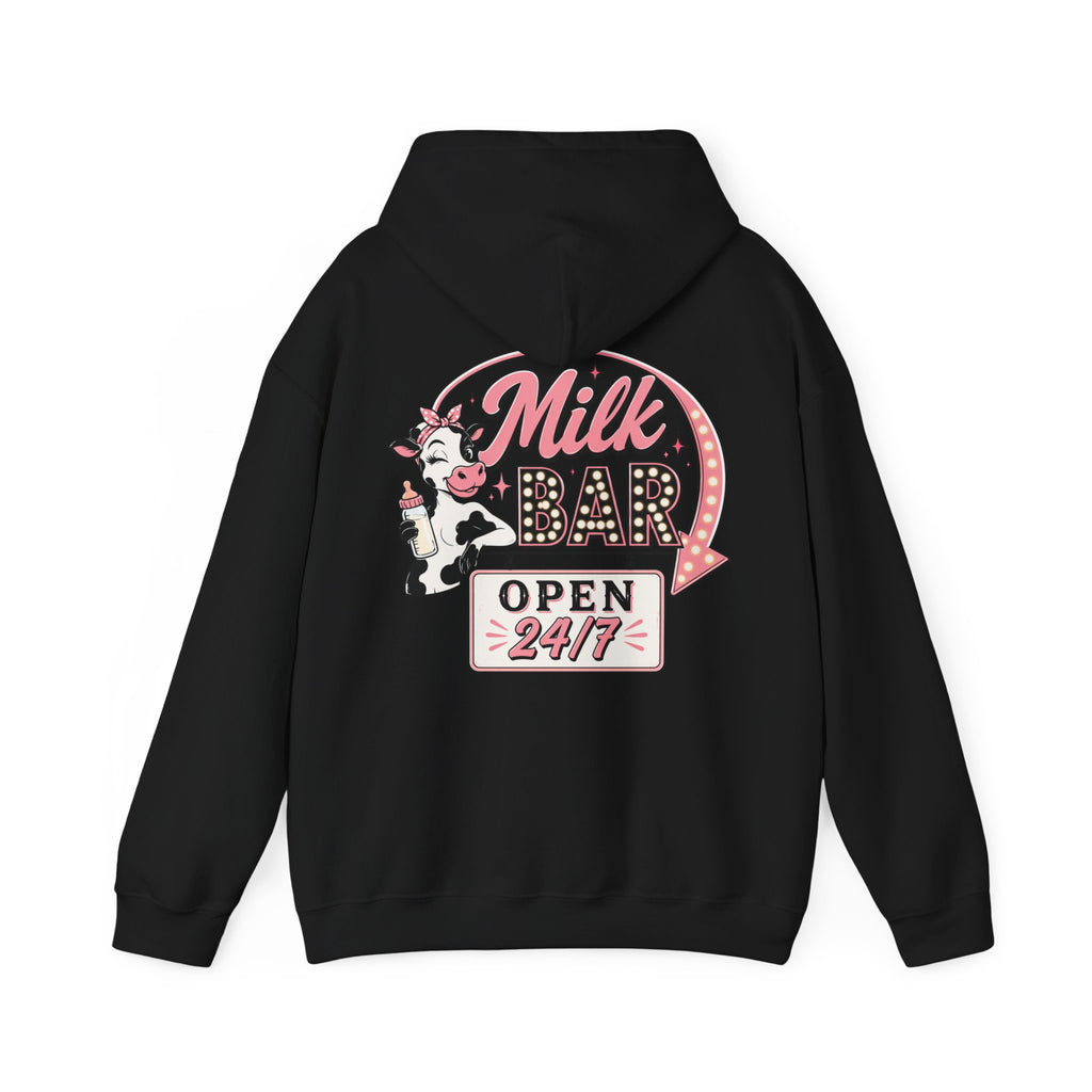 Milk Bar Hoodie – Retro Cow "Open 24/7" Graphic Hoodie