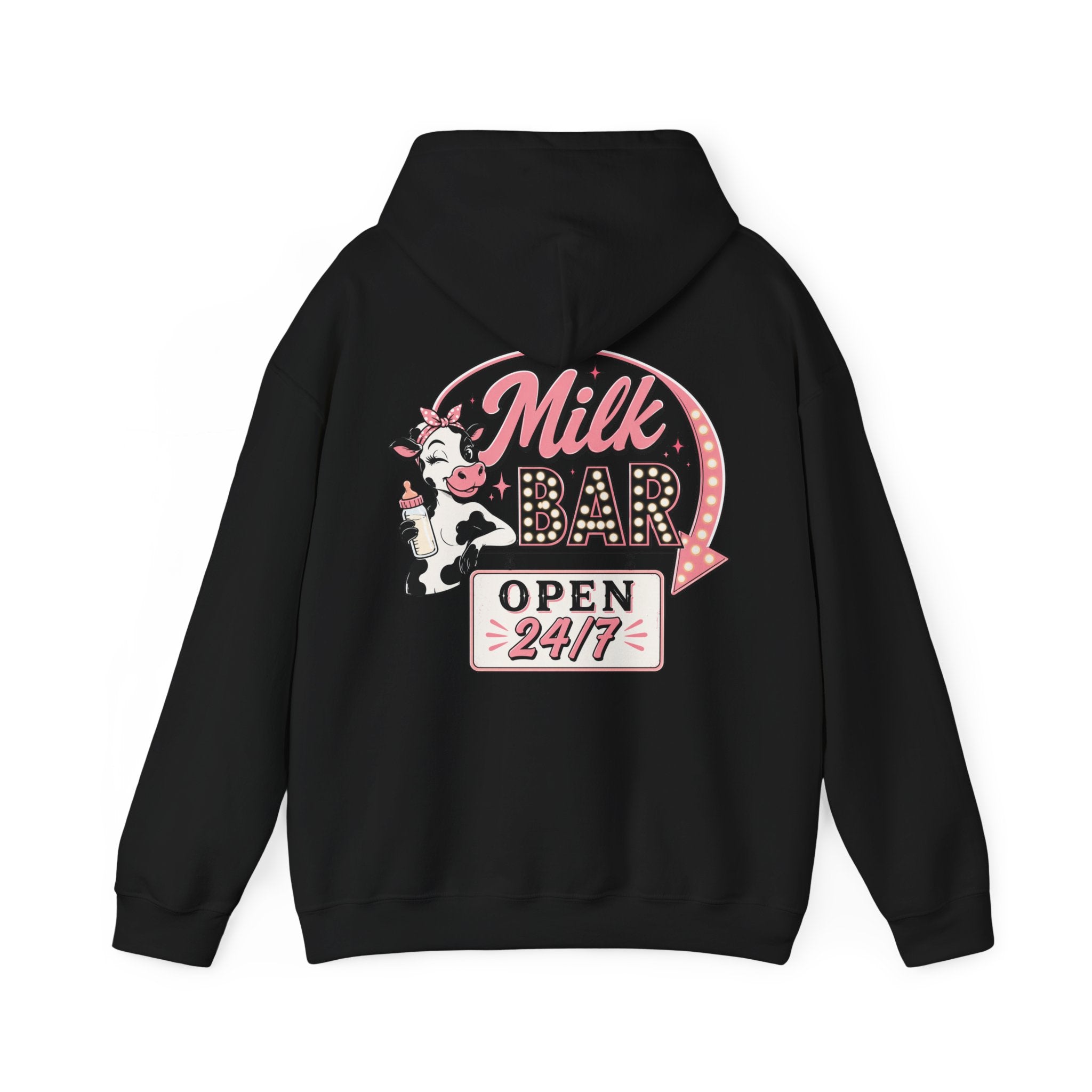 Milk Bar Hoodie – Retro Cow "Open 24/7" Graphic Hoodie
