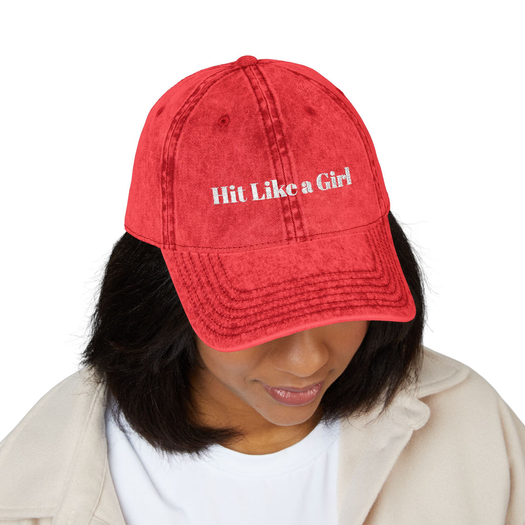 Vintage Embroidered Cap — 'Hit Like a Girl' Distressed Baseball Hat