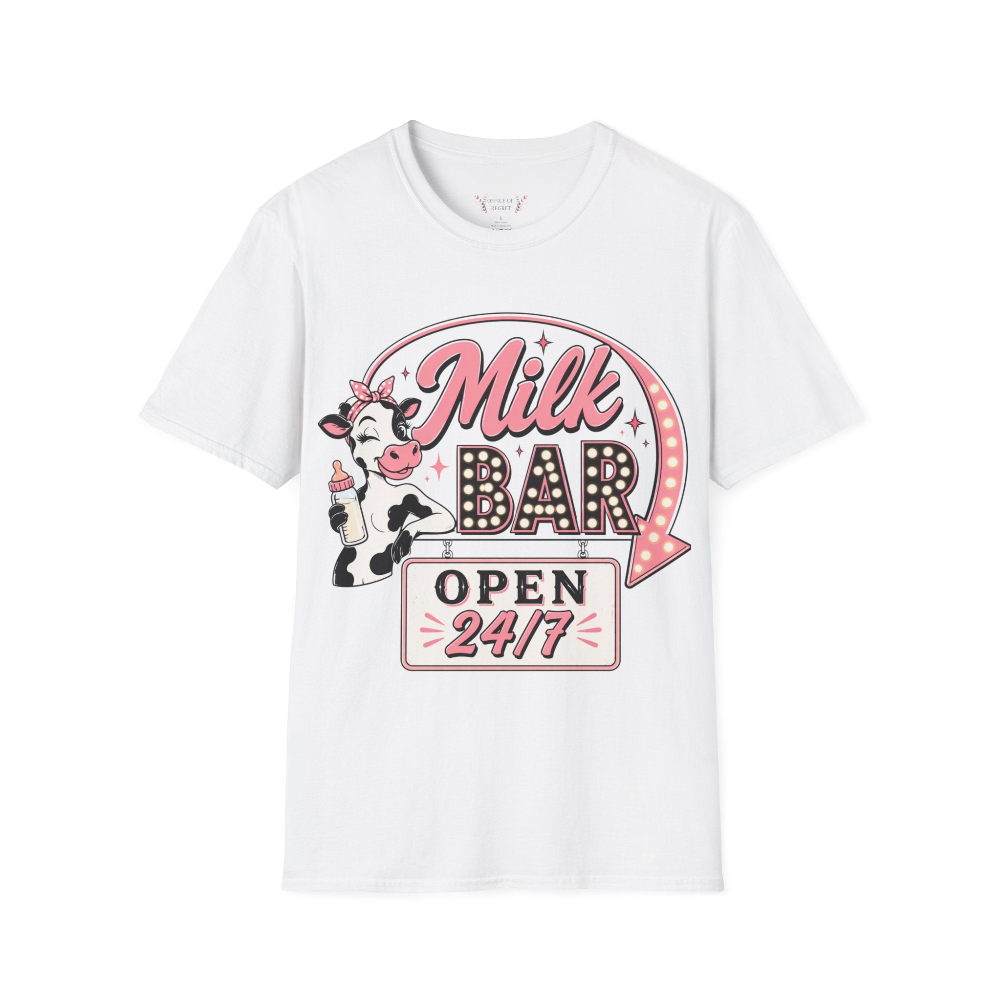 Milk Bar T‑Shirt – Cute Retro Cow "Open 24/7" Graphic Tee