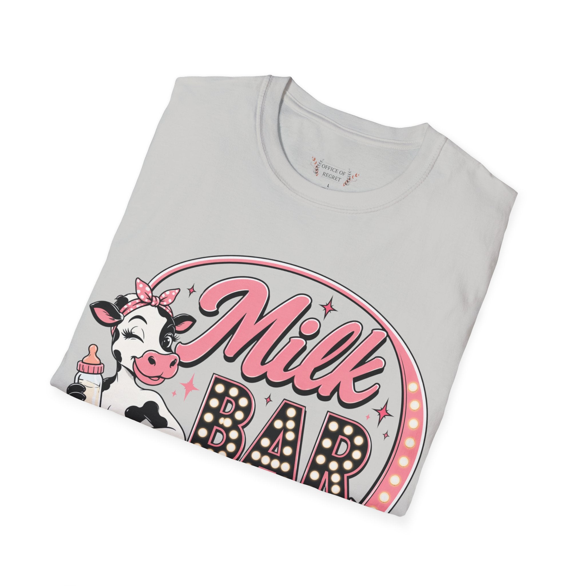 Milk Bar T‑Shirt – Cute Retro Cow "Open 24/7" Graphic Tee