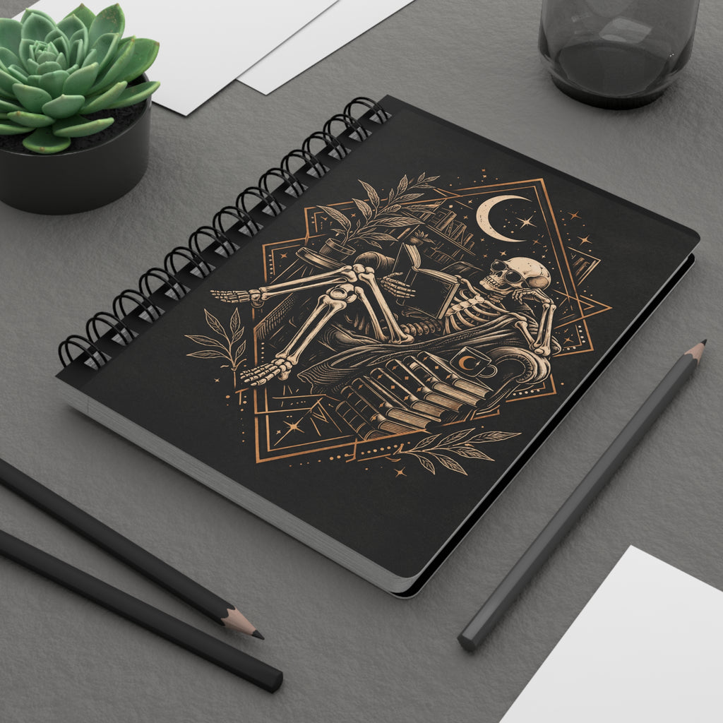Skeleton Reading with Moon Spiral Bound Journal | Literary Quote Cicero