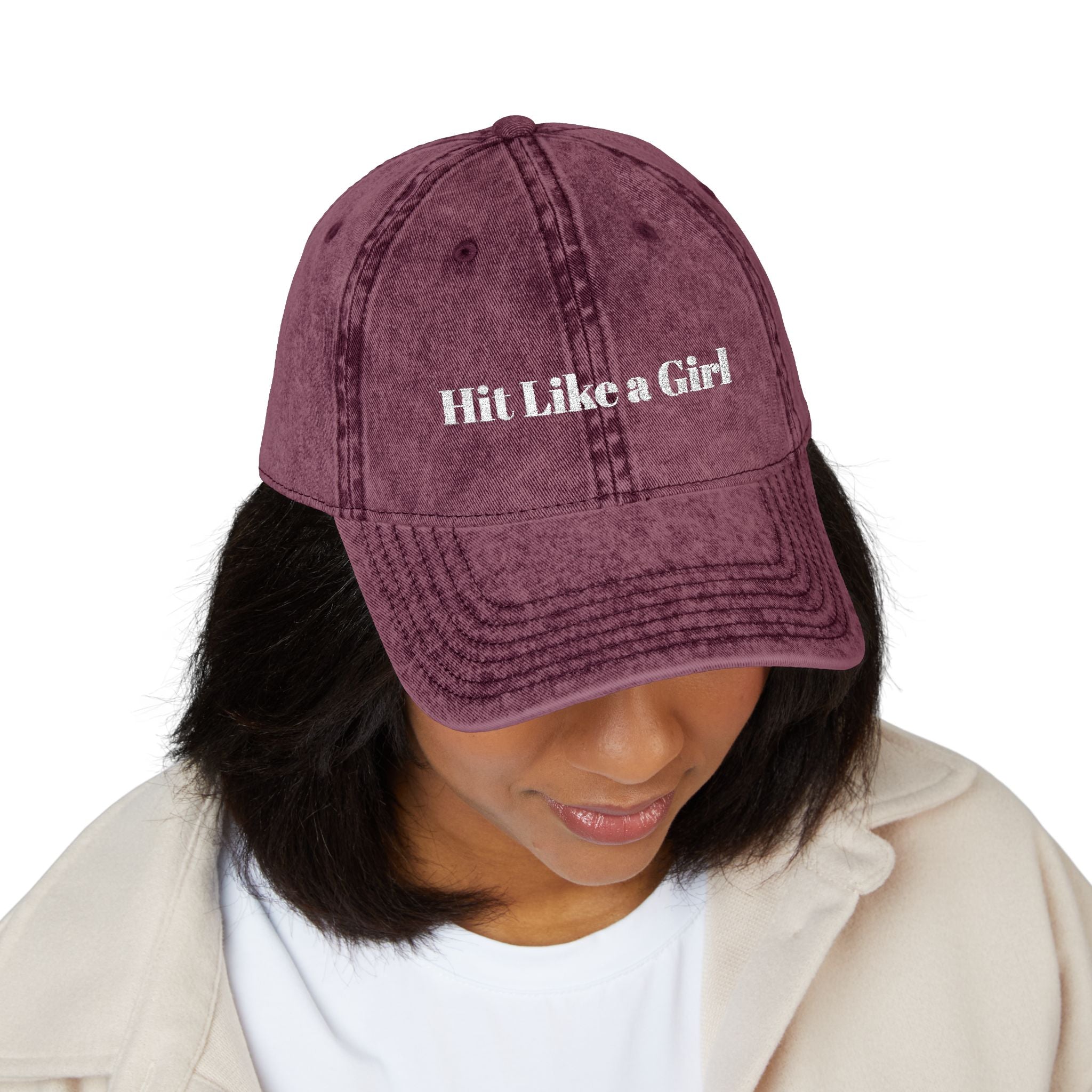 Vintage Embroidered Cap — 'Hit Like a Girl' Distressed Baseball Hat