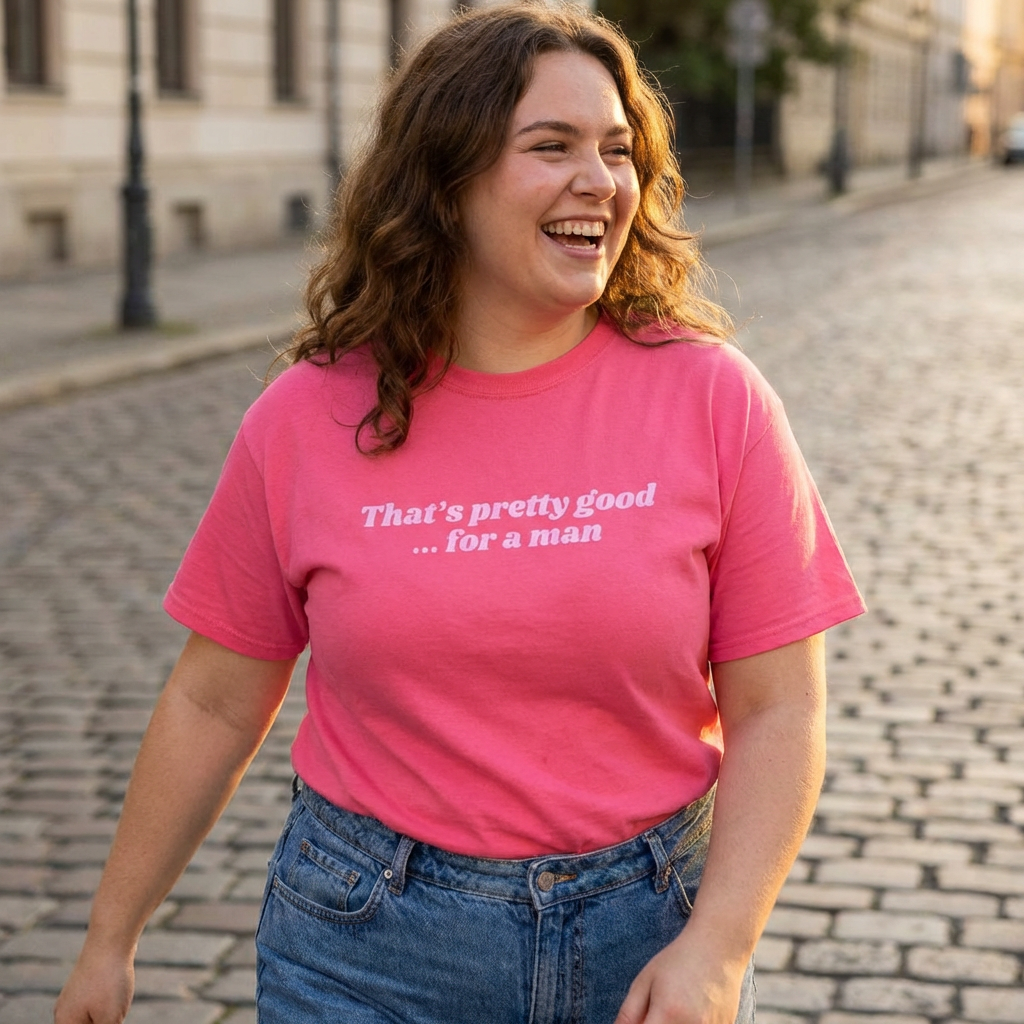 "That's Pretty Good...For a Man" Graphic Tee — Feminine Pink Retro Text T-Shirt