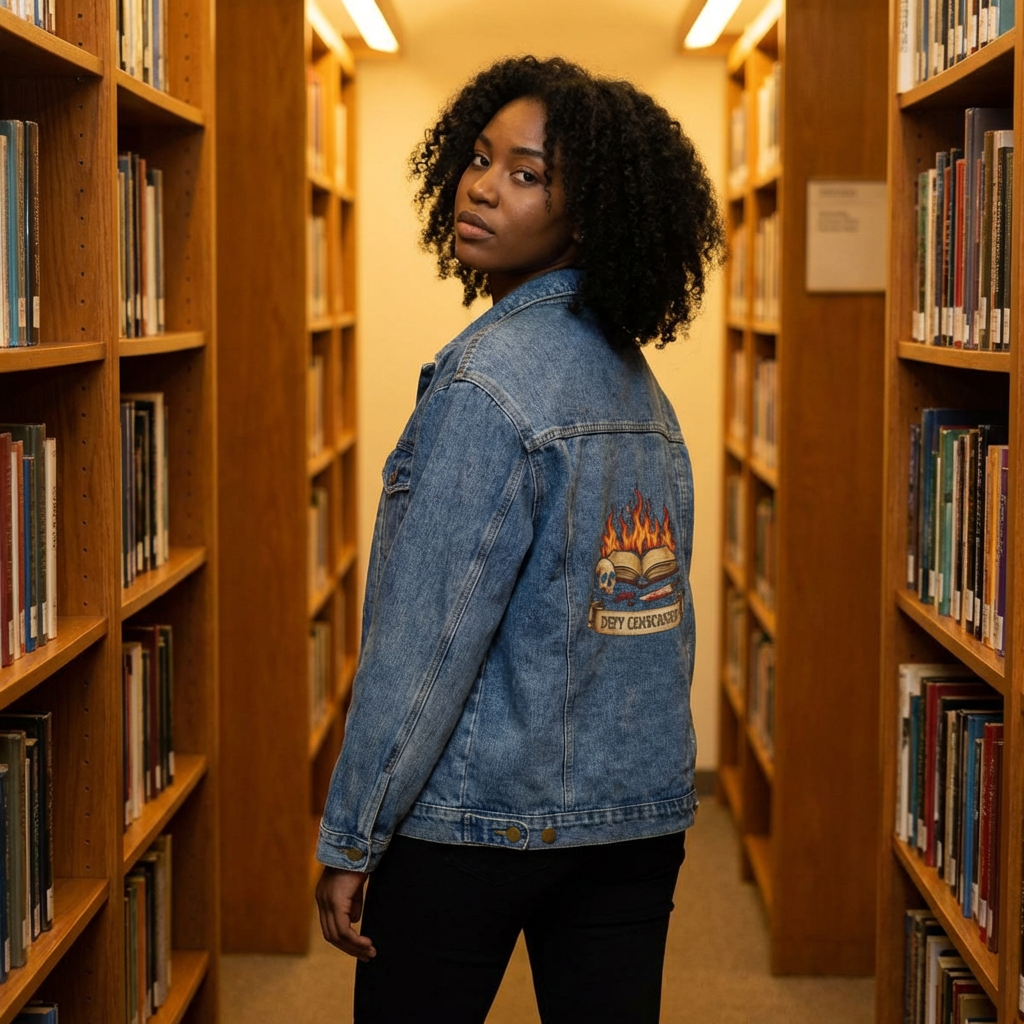 Women's Denim Jacket — Vintage Flame Book Graphic Back Patch