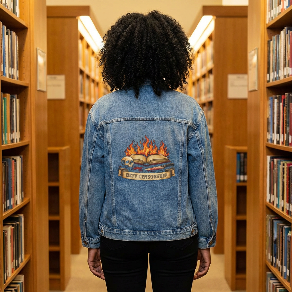 Women's Denim Jacket — Vintage Flame Book Graphic Back Patch