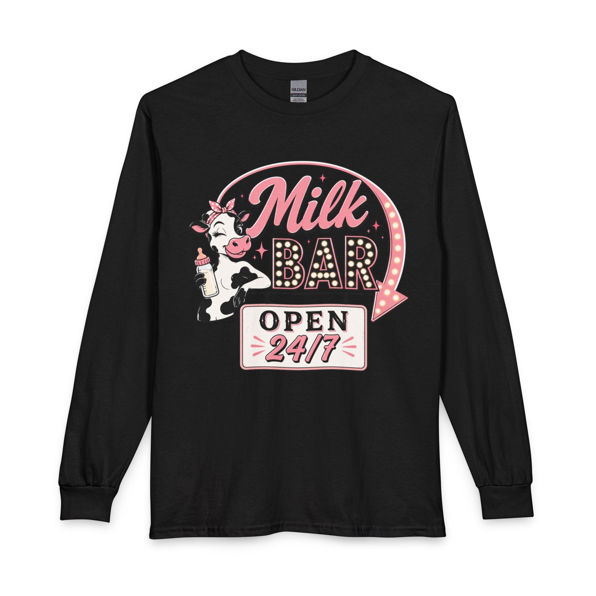 Milk Bar Long Sleeve Tee — Retro 'Milk Bar Open 24/7' Graphic Shirt