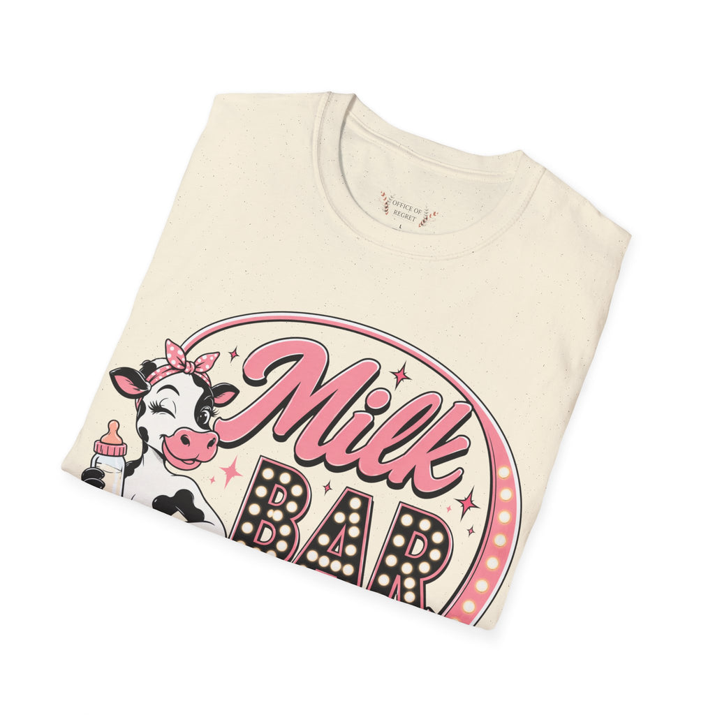 Milk Bar T‑Shirt – Cute Retro Cow "Open 24/7" Graphic Tee