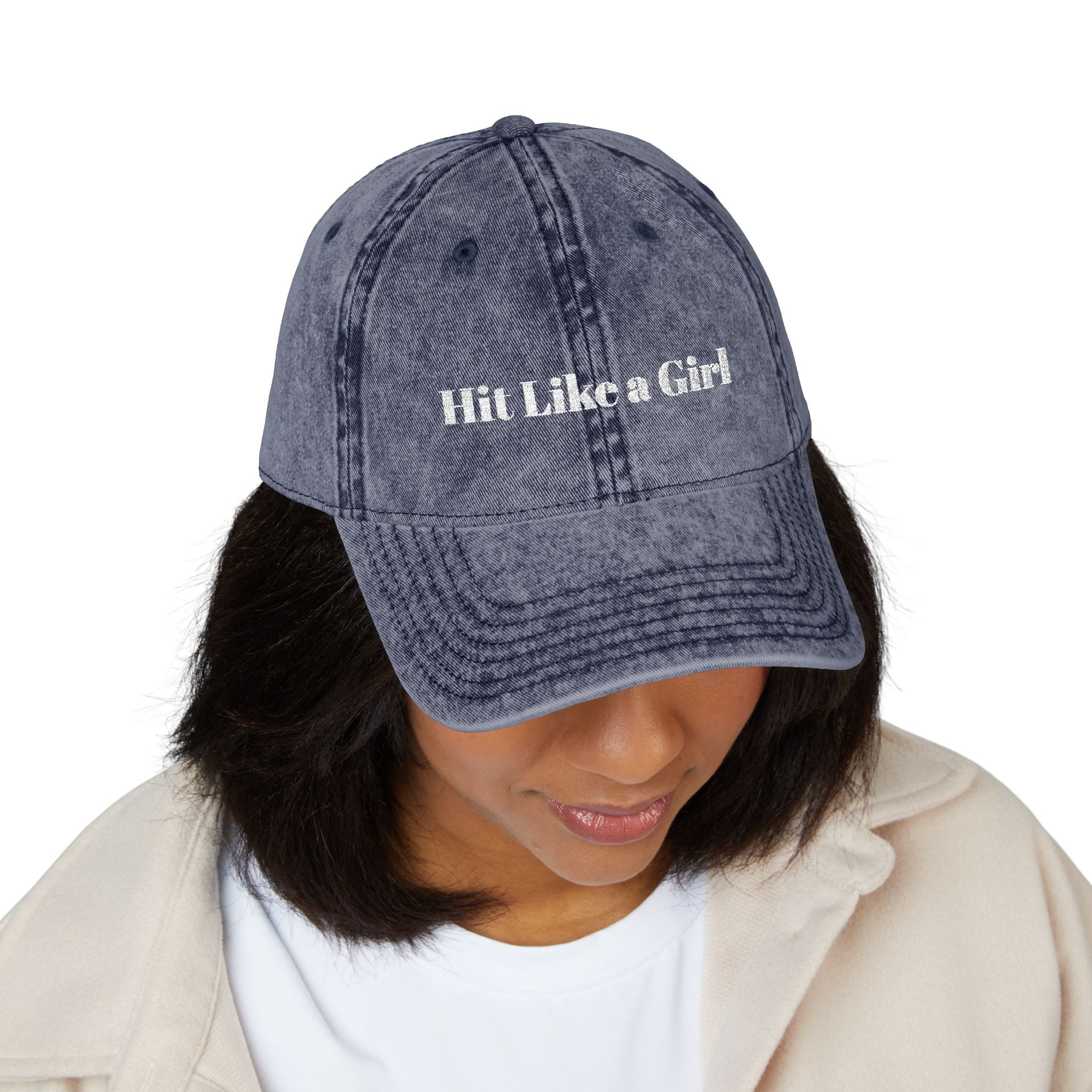 Vintage Embroidered Cap — 'Hit Like a Girl' Distressed Baseball Hat