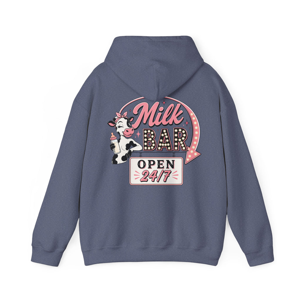 Milk Bar Hoodie – Retro Cow "Open 24/7" Graphic Hoodie