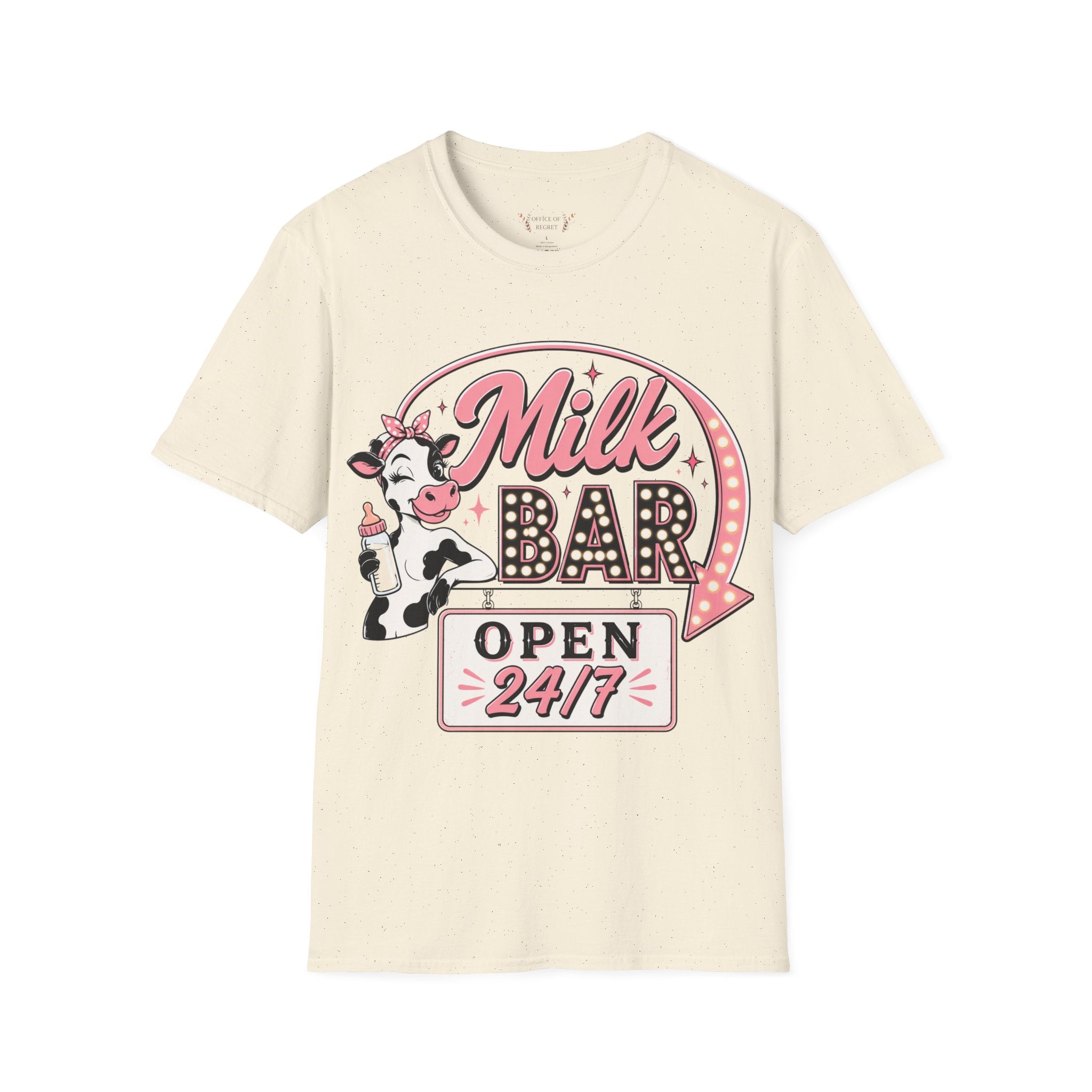 Milk Bar T‑Shirt – Cute Retro Cow "Open 24/7" Graphic Tee