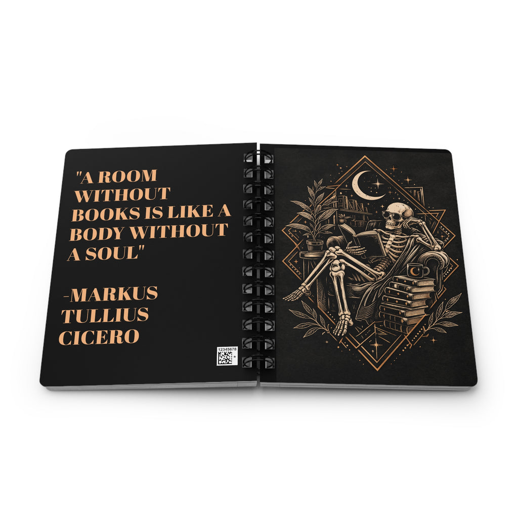 Skeleton Reading with Moon Spiral Bound Journal | Literary Quote Cicero