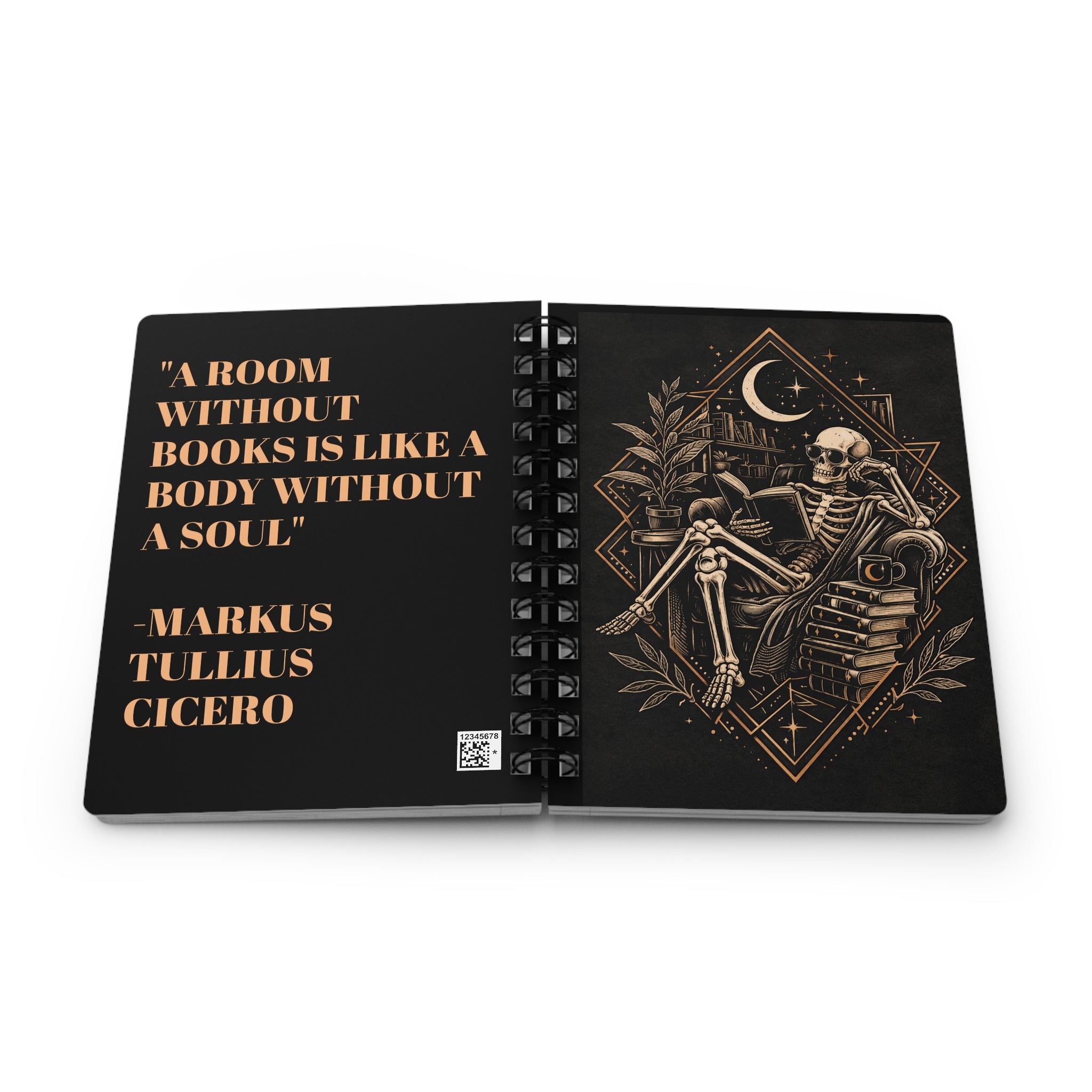Skeleton Reading with Moon Spiral Bound Journal | Literary Quote Cicero