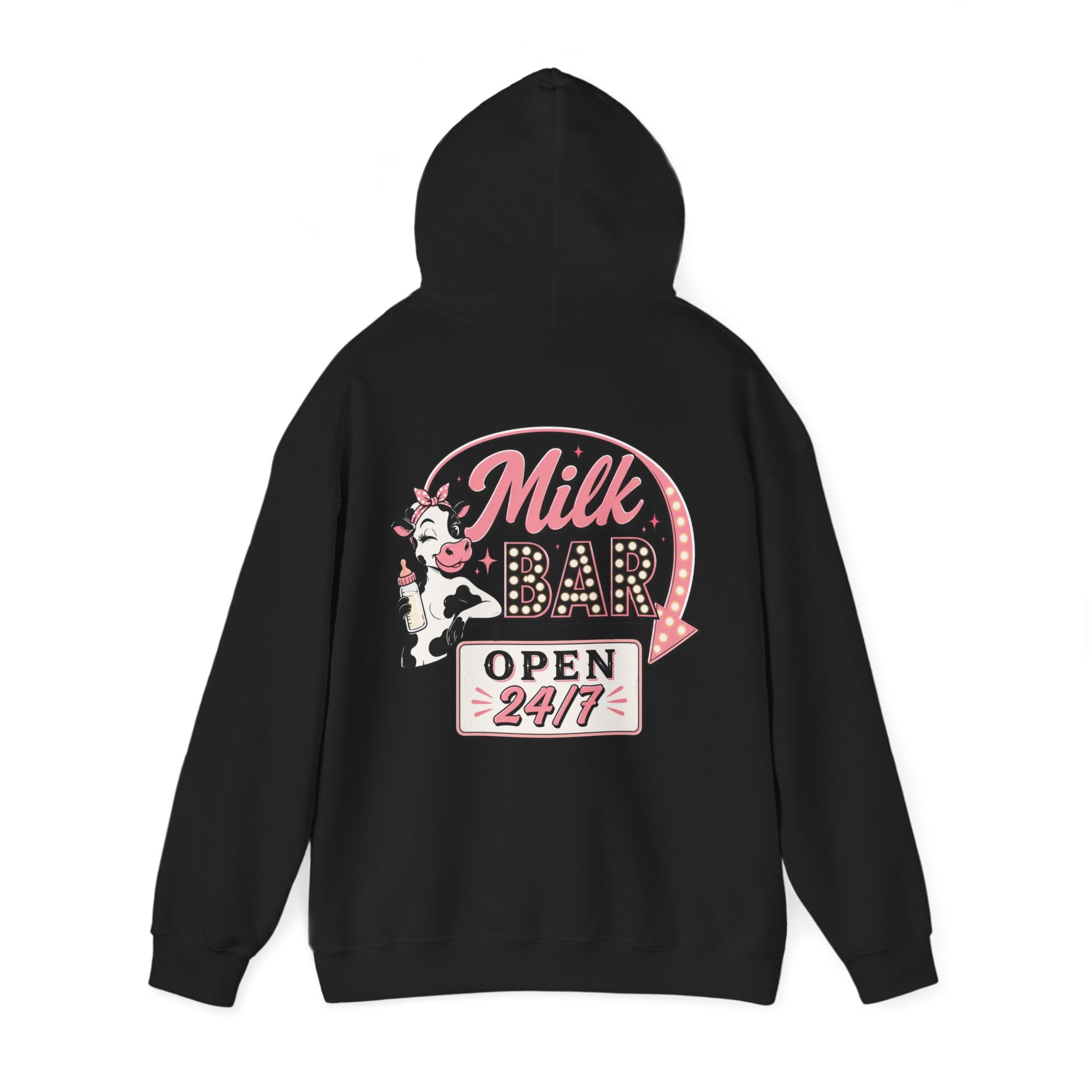 Milk Bar Hoodie – Retro Cow "Open 24/7" Graphic Hoodie