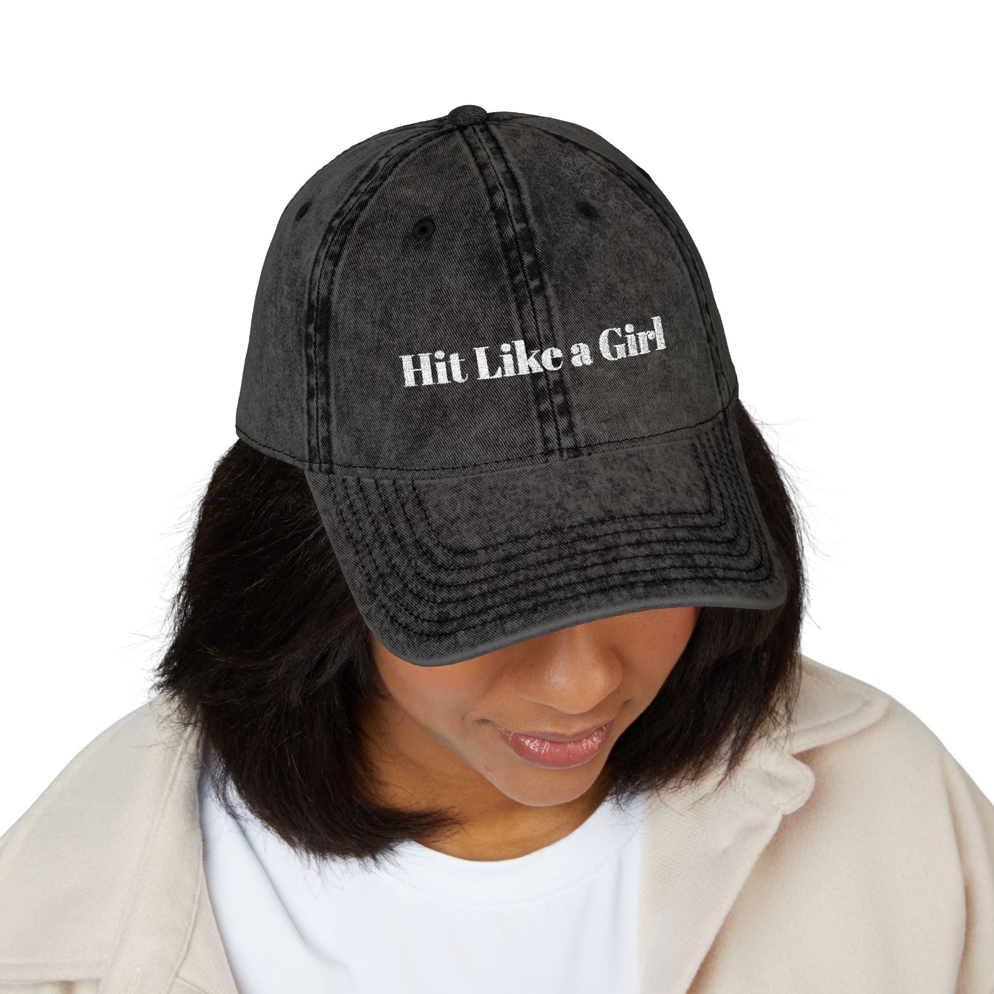 Vintage Embroidered Cap — 'Hit Like a Girl' Distressed Baseball Hat