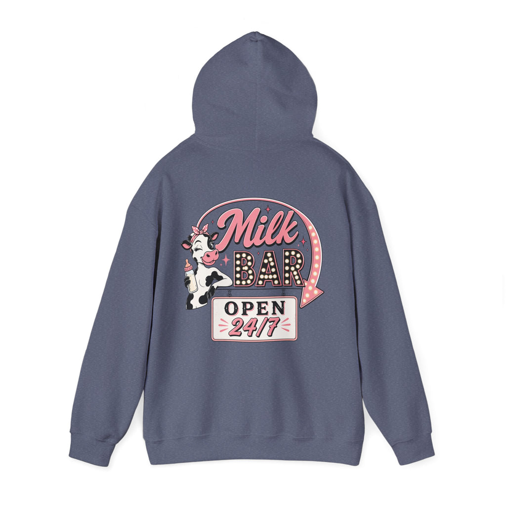 Milk Bar Hoodie – Retro Cow "Open 24/7" Graphic Hoodie