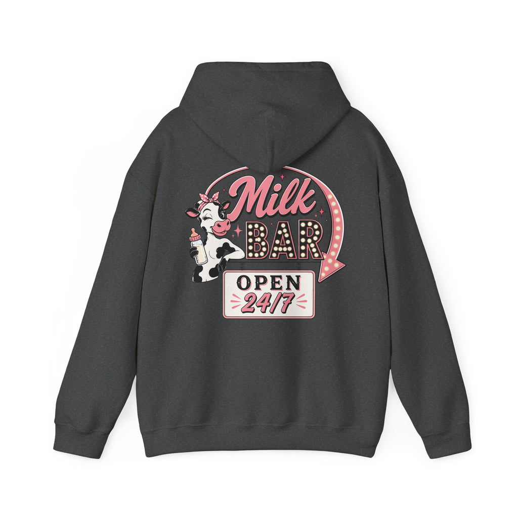 Milk Bar Hoodie – Retro Cow "Open 24/7" Graphic Hoodie