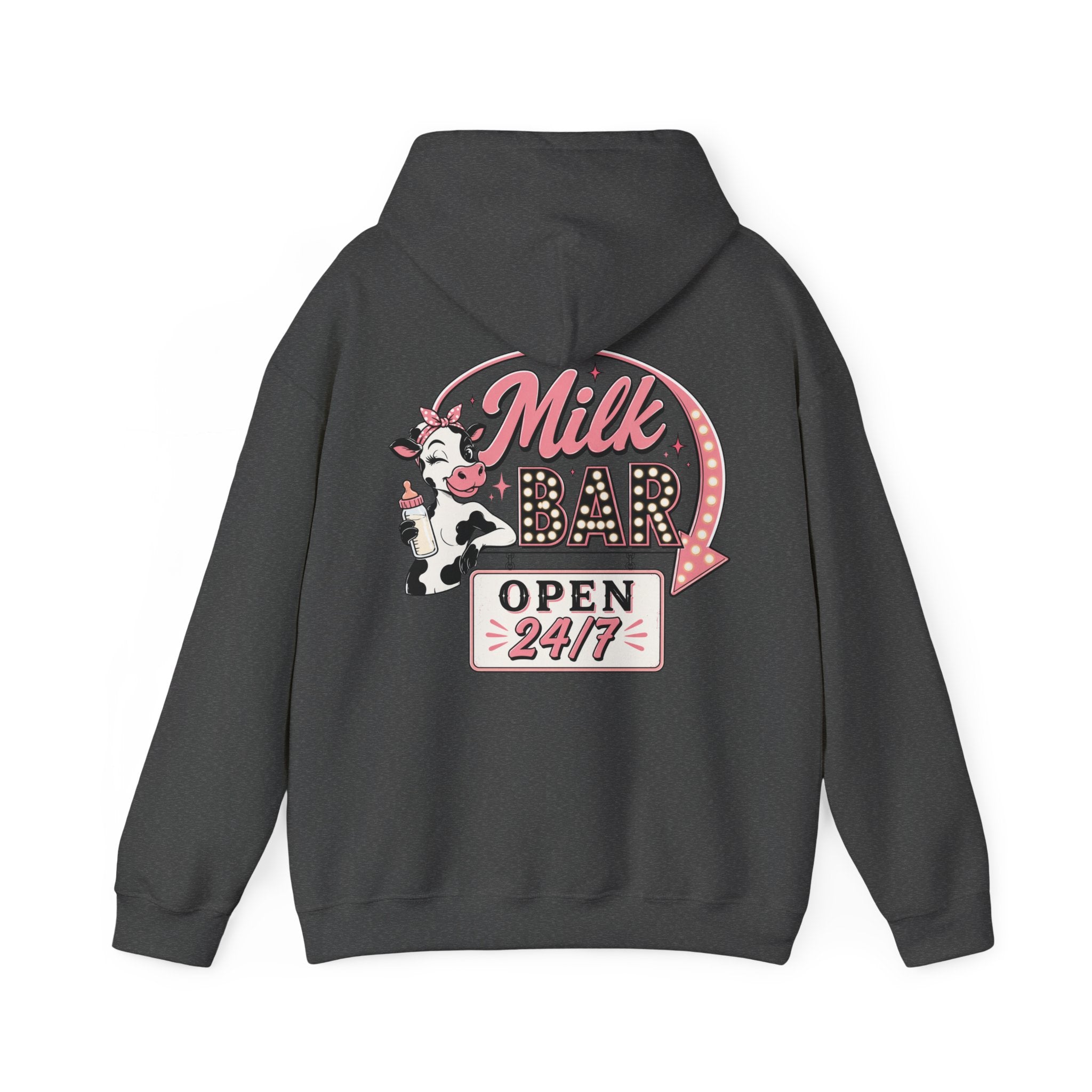 Milk Bar Hoodie – Retro Cow "Open 24/7" Graphic Hoodie