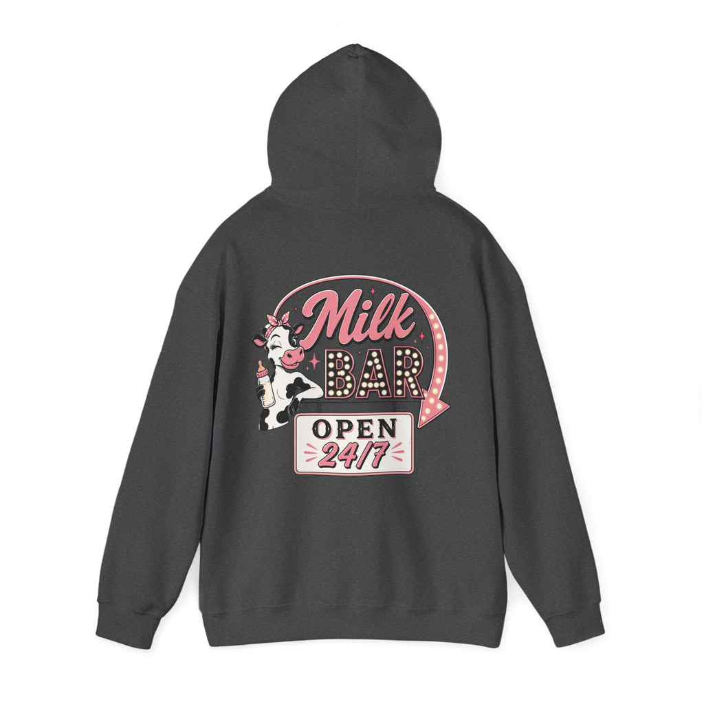 Milk Bar Hoodie – Retro Cow "Open 24/7" Graphic Hoodie