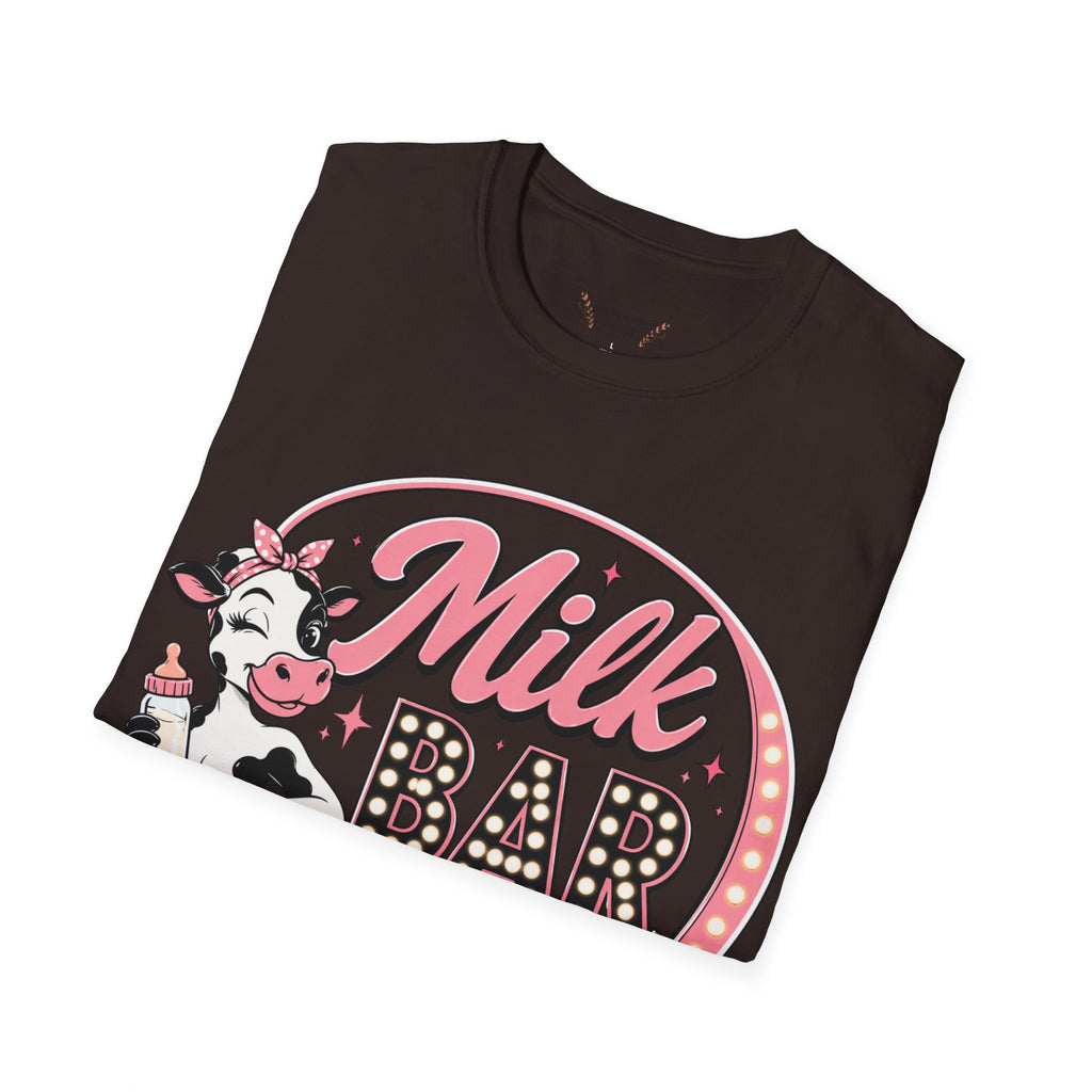 Milk Bar T‑Shirt – Cute Retro Cow "Open 24/7" Graphic Tee