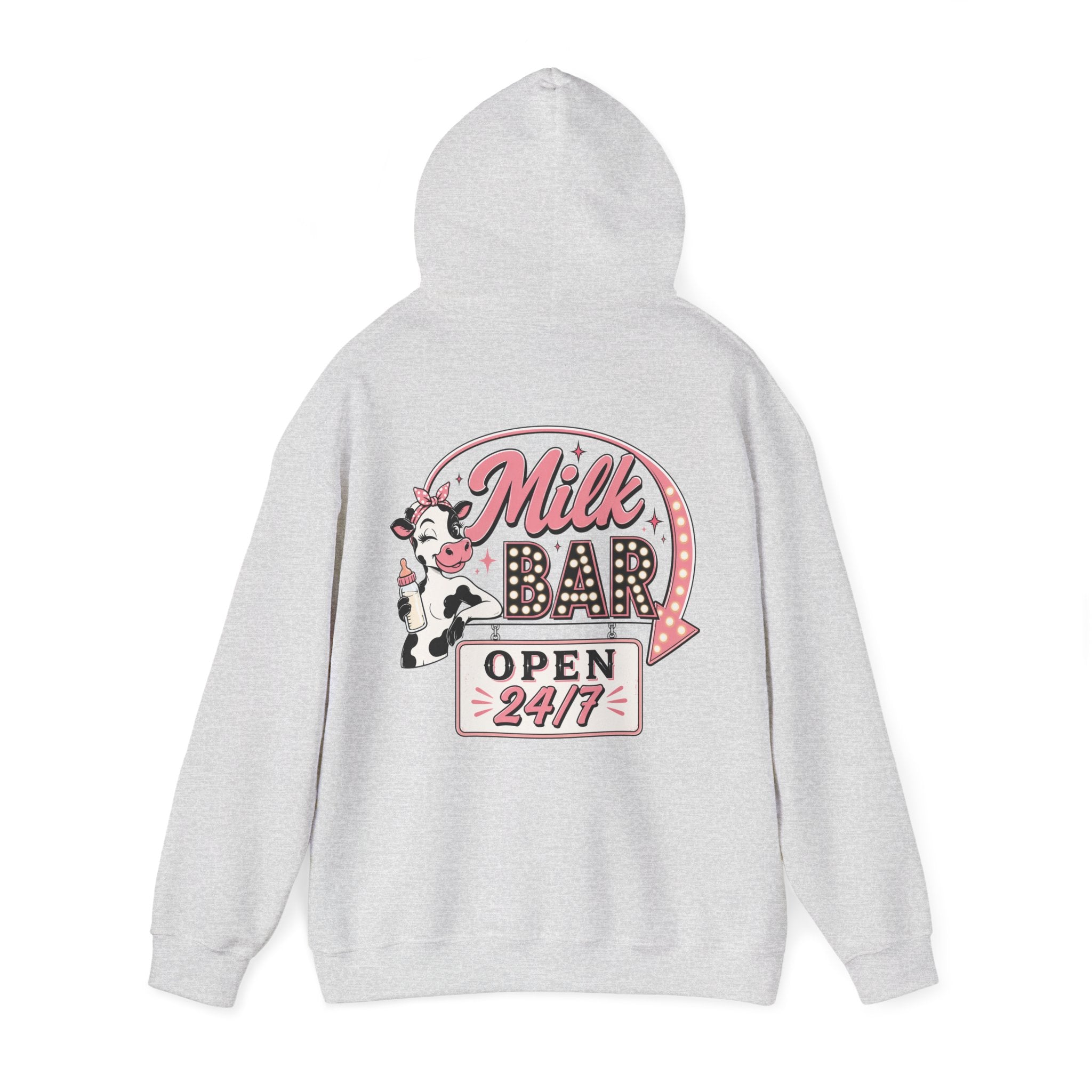 Milk Bar Hoodie – Retro Cow "Open 24/7" Graphic Hoodie