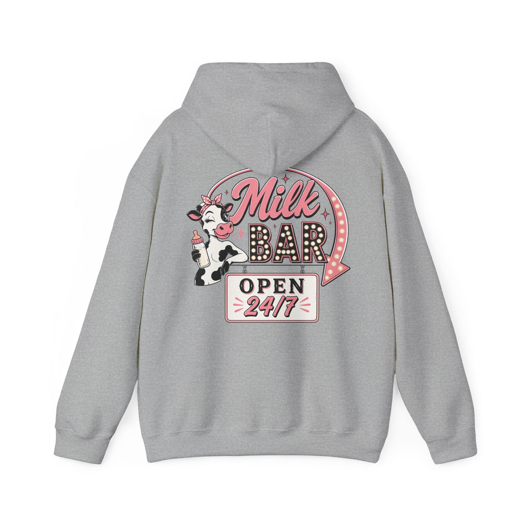 Milk Bar Hoodie – Retro Cow "Open 24/7" Graphic Hoodie