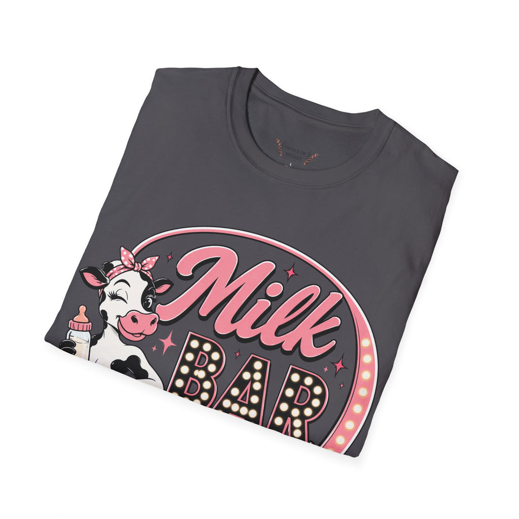 Milk Bar T‑Shirt – Cute Retro Cow "Open 24/7" Graphic Tee