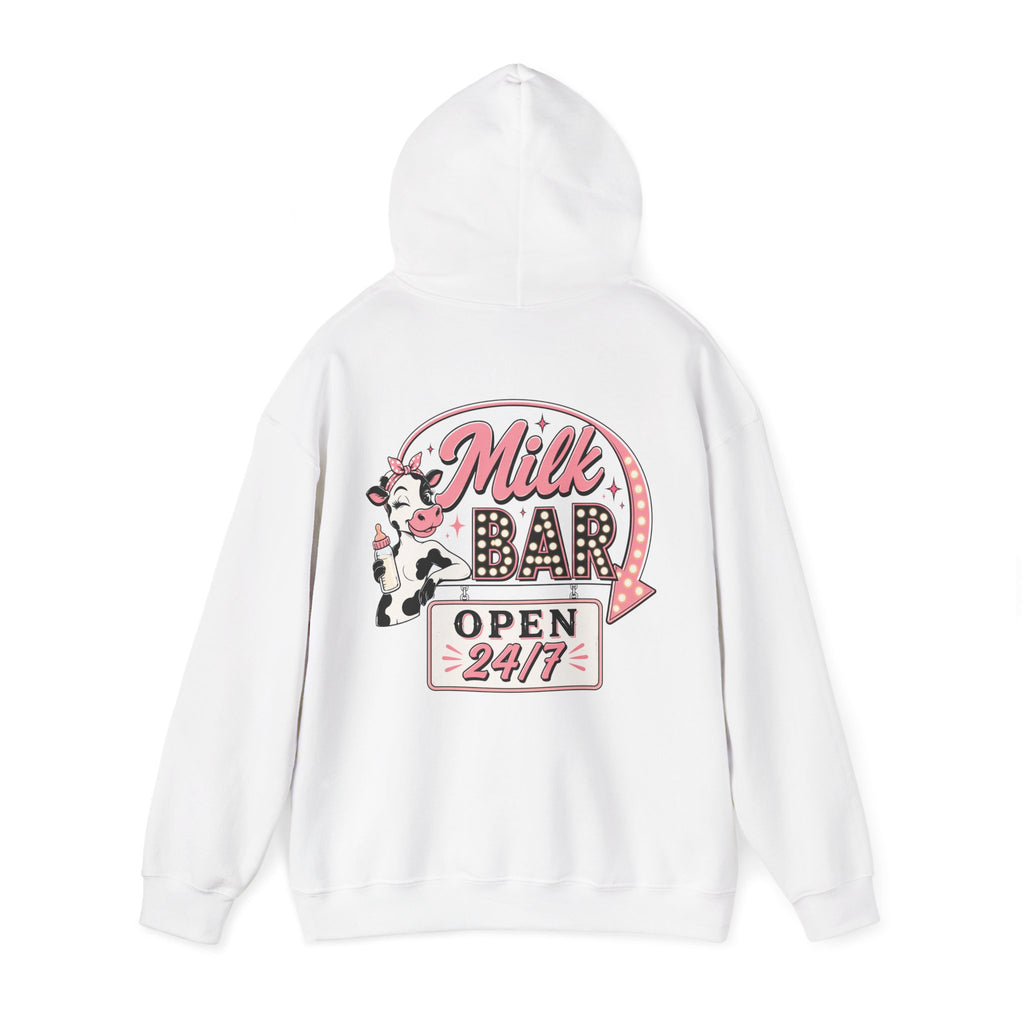 Milk Bar Hoodie – Retro Cow "Open 24/7" Graphic Hoodie