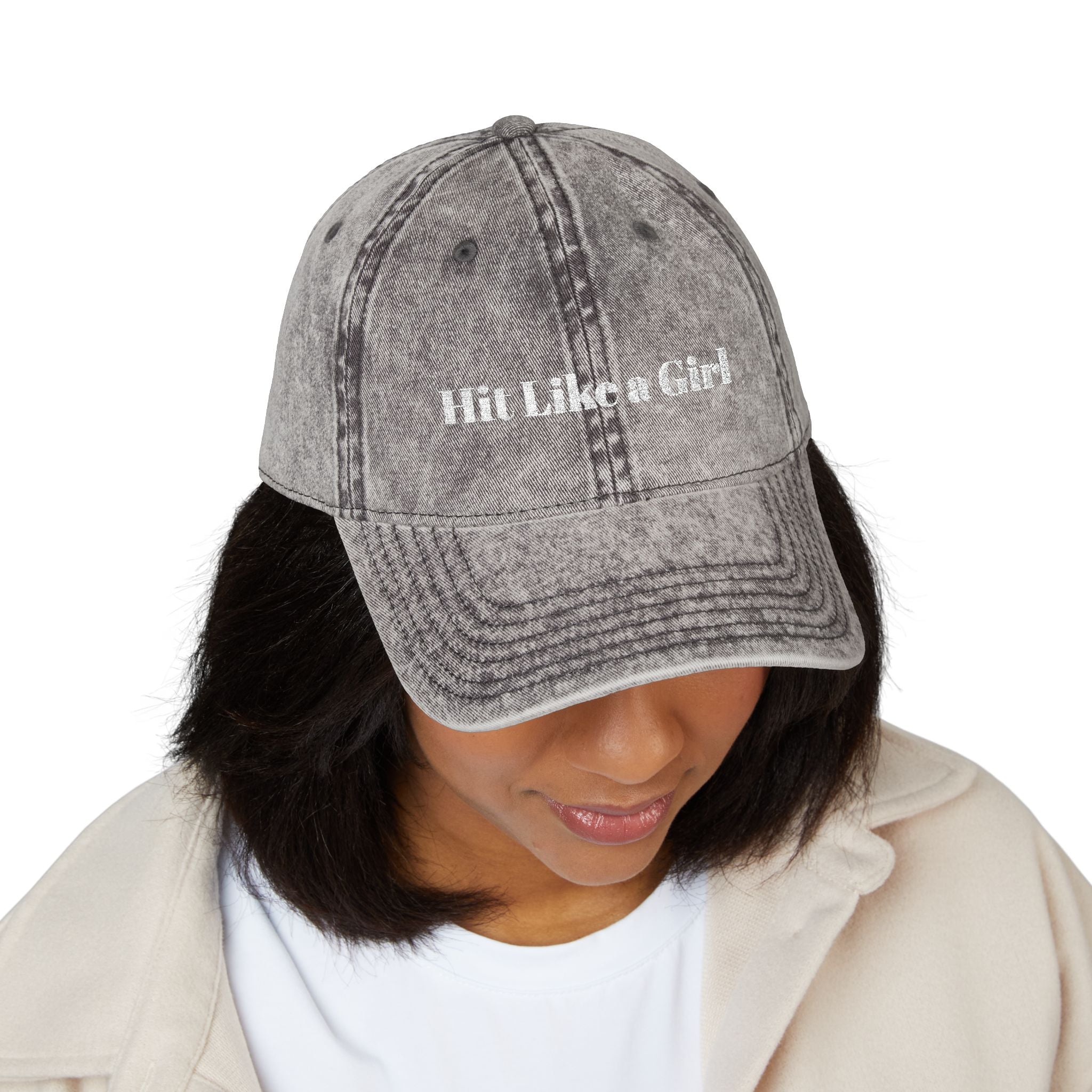 Vintage Embroidered Cap — 'Hit Like a Girl' Distressed Baseball Hat