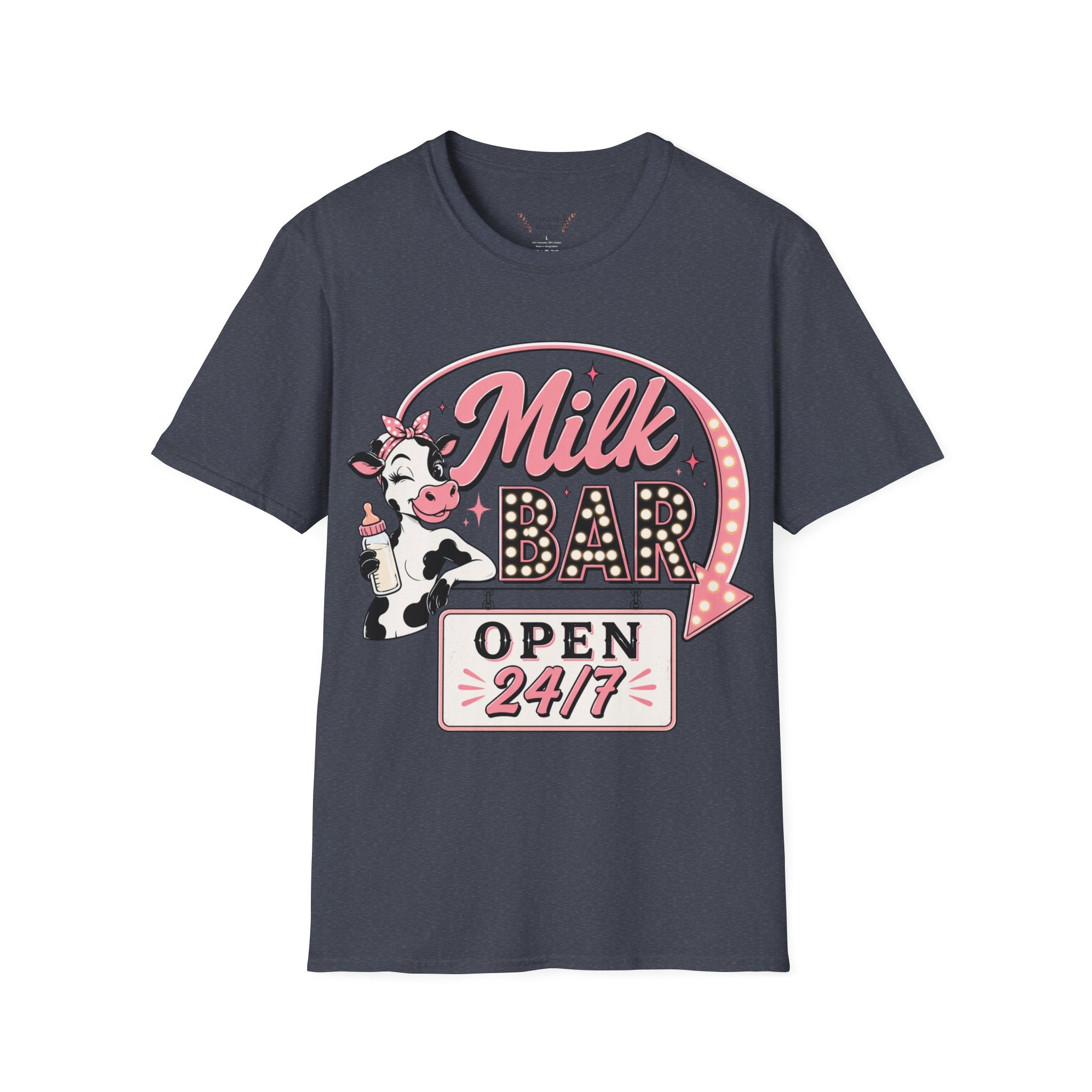 Milk Bar T‑Shirt – Cute Retro Cow "Open 24/7" Graphic Tee