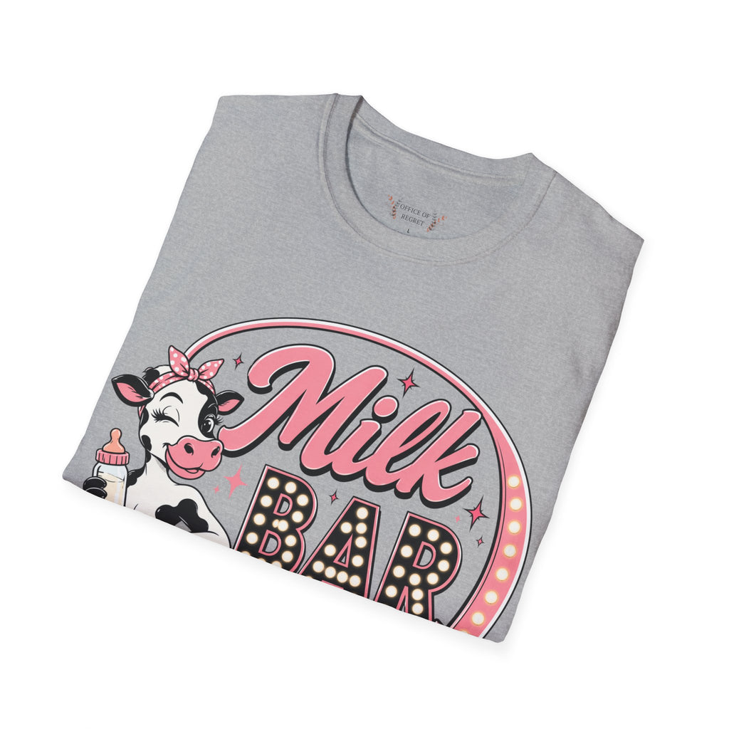 Milk Bar T‑Shirt – Cute Retro Cow "Open 24/7" Graphic Tee