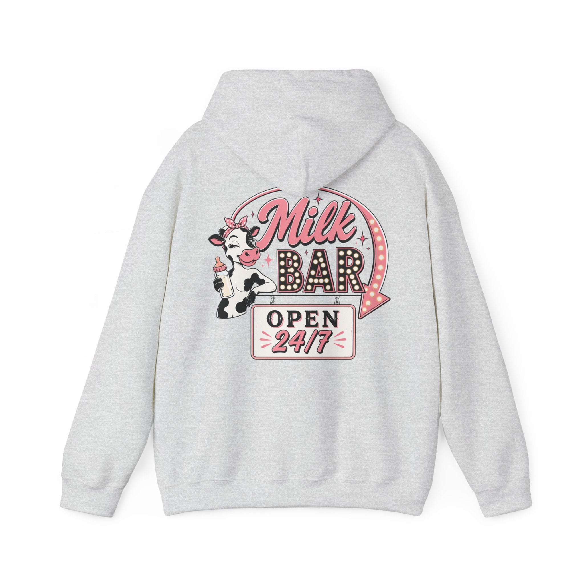 Milk Bar Hoodie – Retro Cow "Open 24/7" Graphic Hoodie
